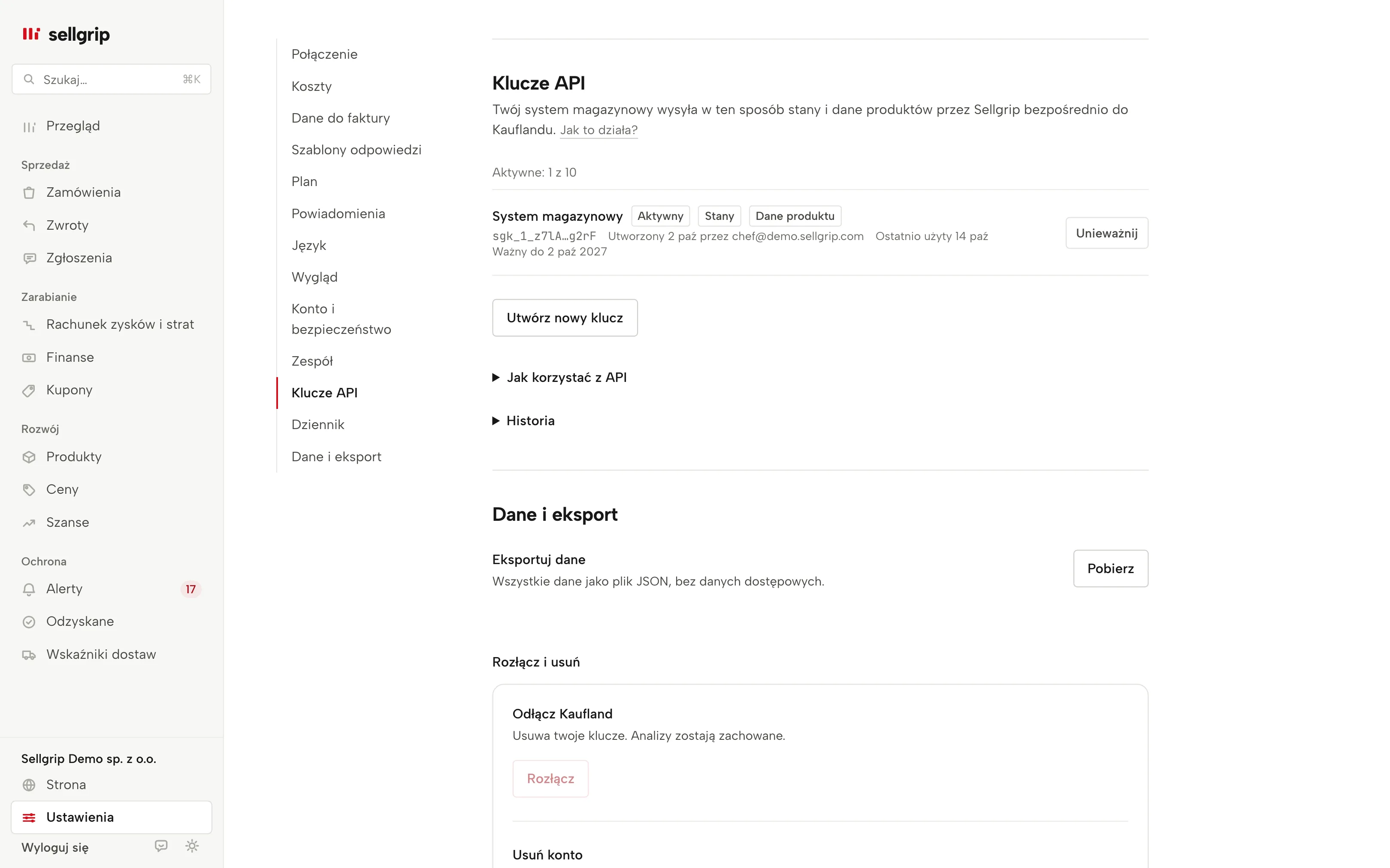 Klucze API w Sellgrip: klucze z uprawnieniami, ostatnim użyciem i ważnością.
