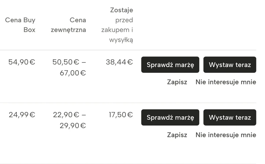 Fragment ekranu Sellgrip: Szanse