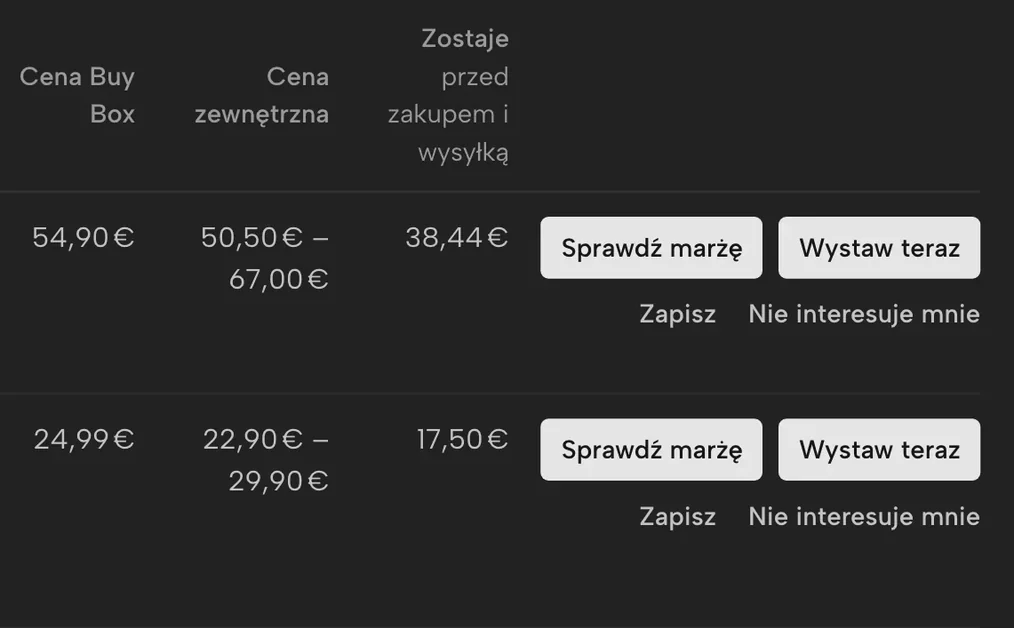Fragment ekranu Sellgrip: Szanse