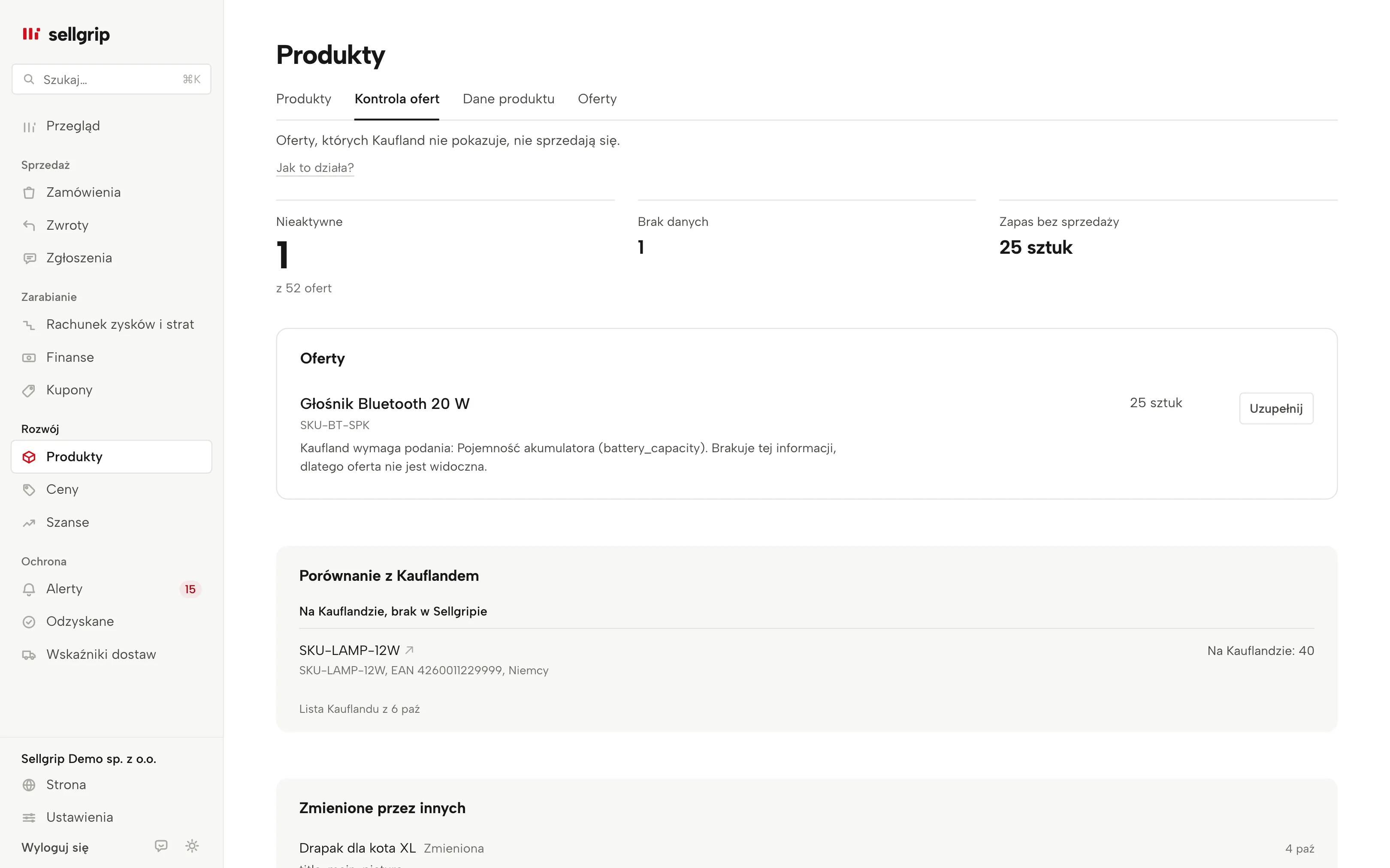 Kontrola ofert w Sellgripie: oferty, których Kaufland nie pokazuje, z powodem i przyciskiem Uzupełnij.