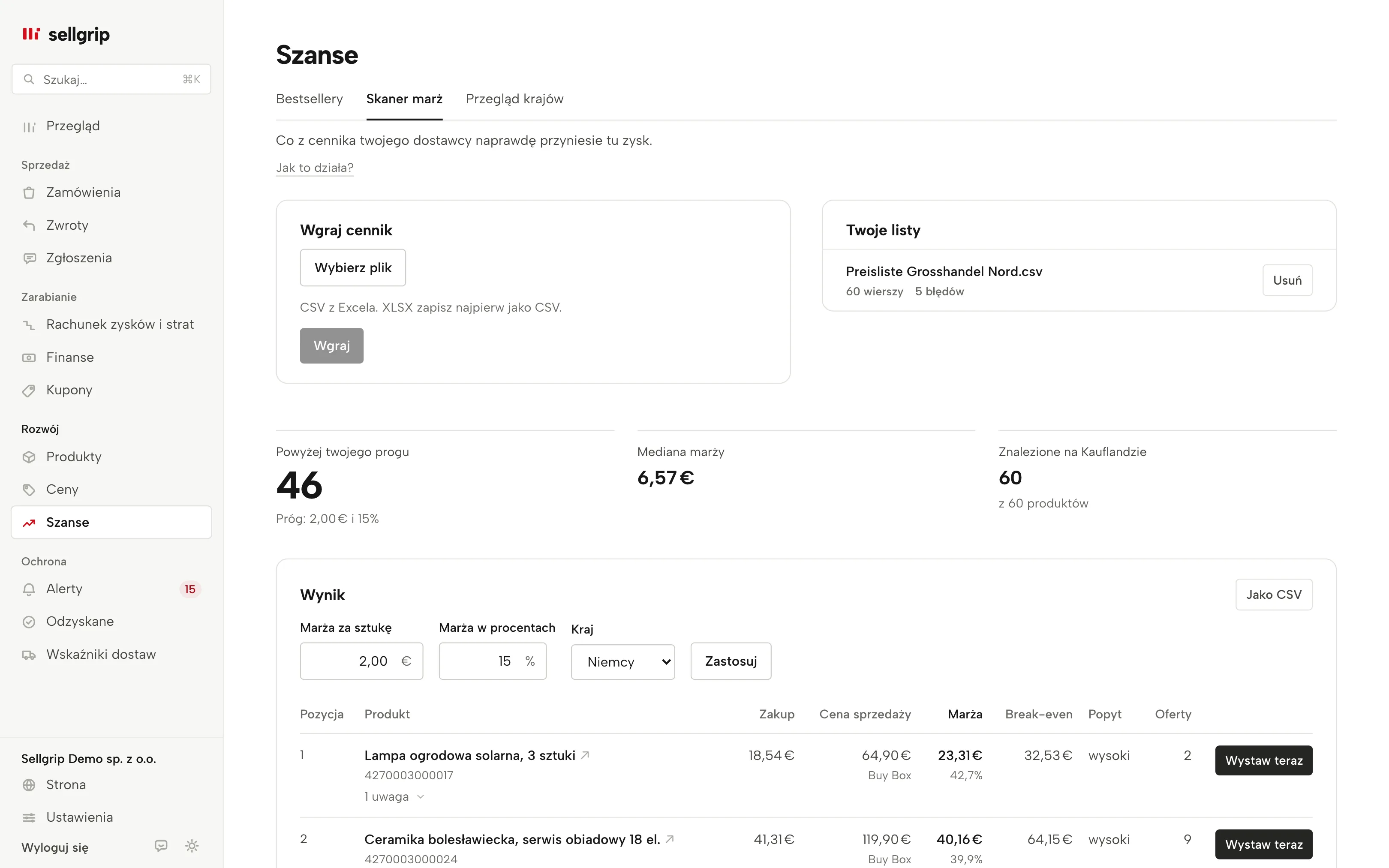 Skaner marż w Sellgripie z wgranym cennikiem dostawcy, marżą na sztukę i powodami.