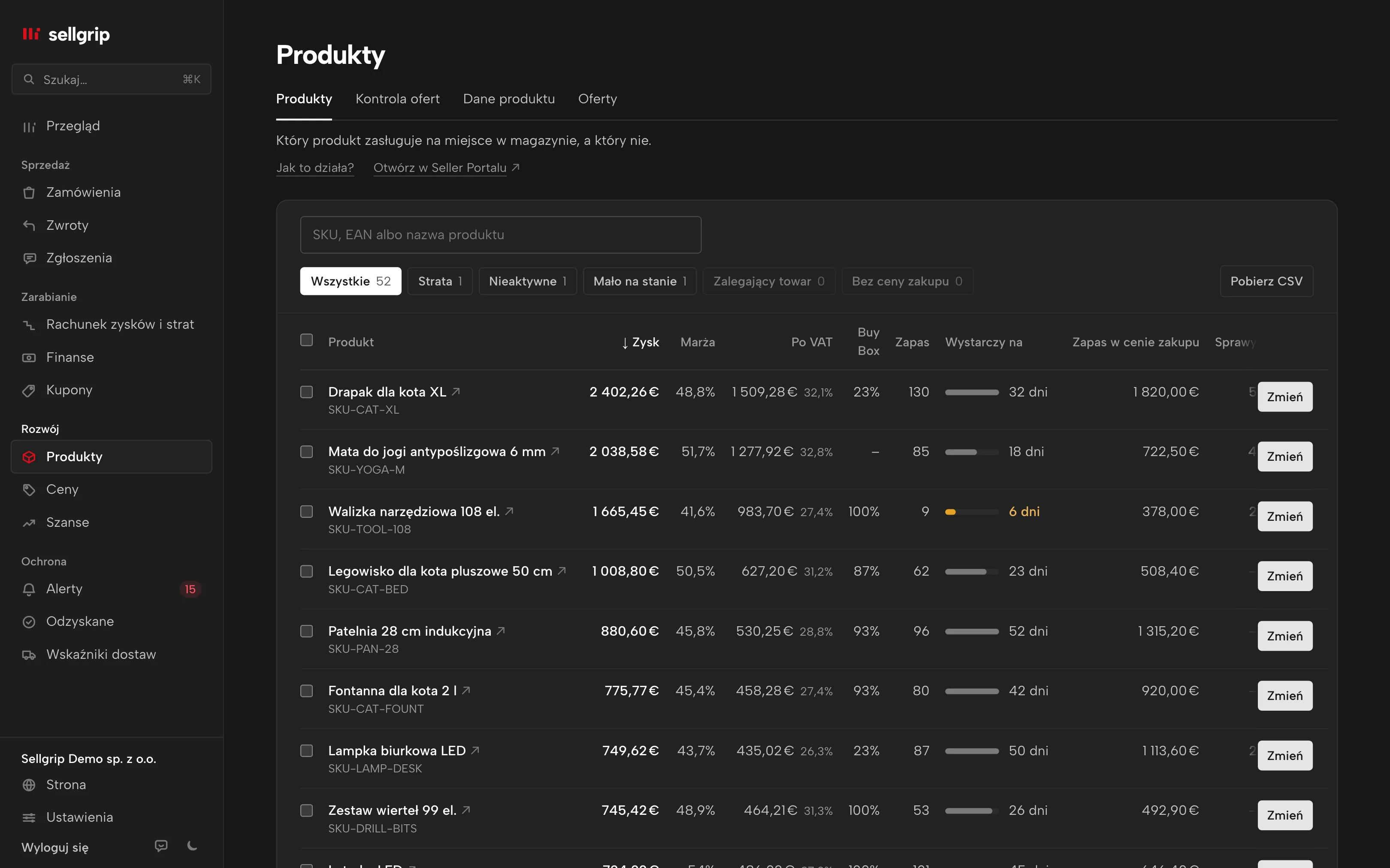 Produkty w Sellgripie: przycisk „Zmień” przy każdej ofercie i cena minimalna na progu rentowności dla zaznaczonych ofert.