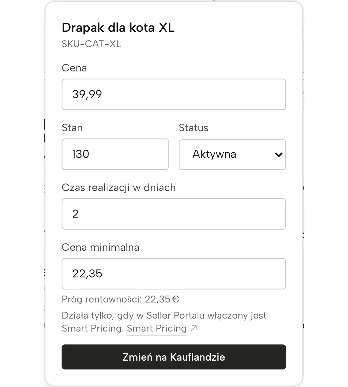 Produkty w Sellgripie: cena minimalna wpisana na progu rentowności, jeszcze niewysłana do Kauflandu