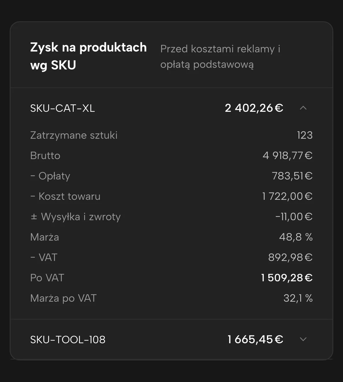 Rachunek zysków i strat w Sellgripie: zysk jednego produktu rozpisany na przychód, opłaty, koszt zakupu, wysyłkę i VAT