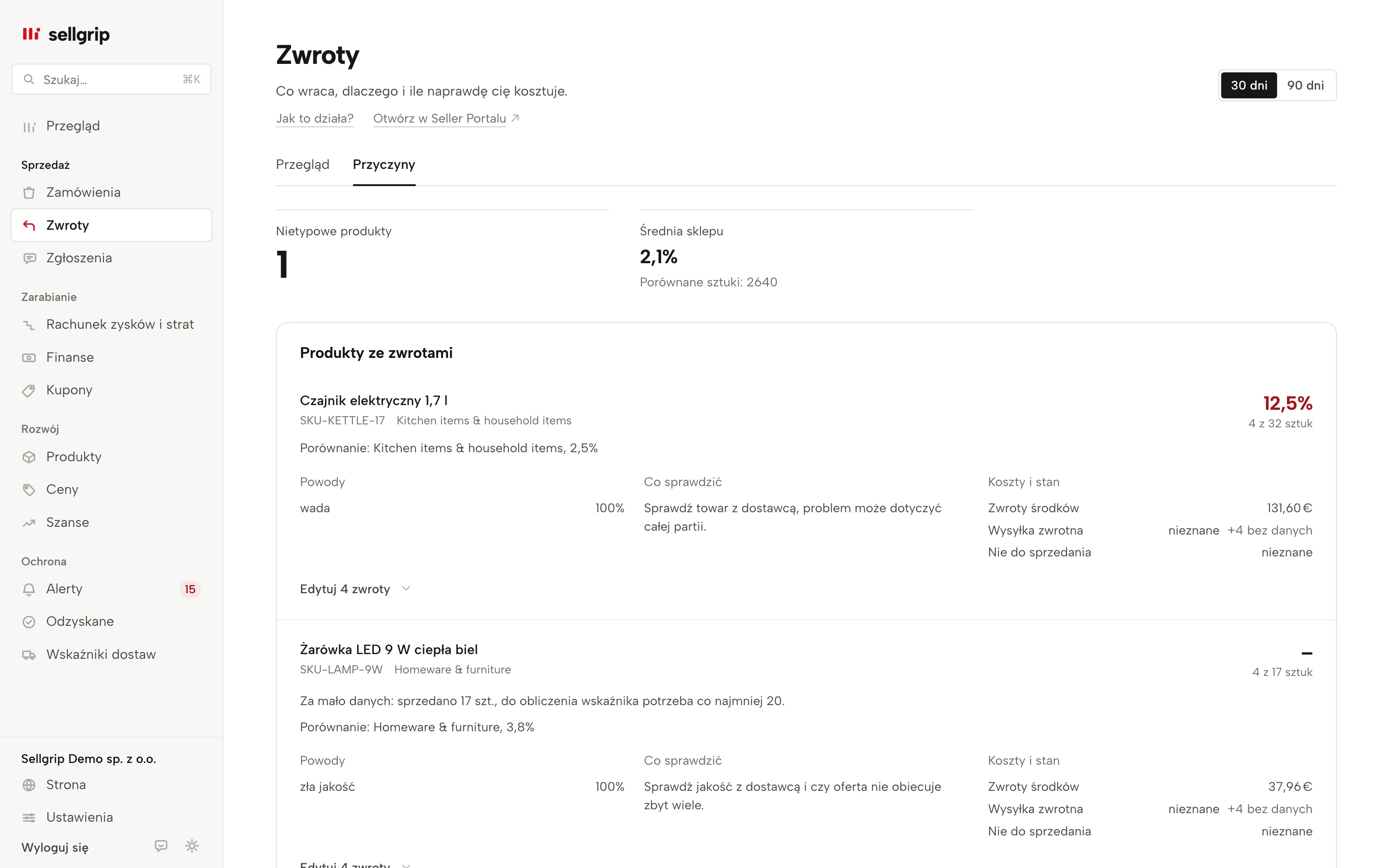 Radar zwrotów w Sellgripie: oznaczone produkty, podstawa porównania, powody zwrotów i znane koszty.