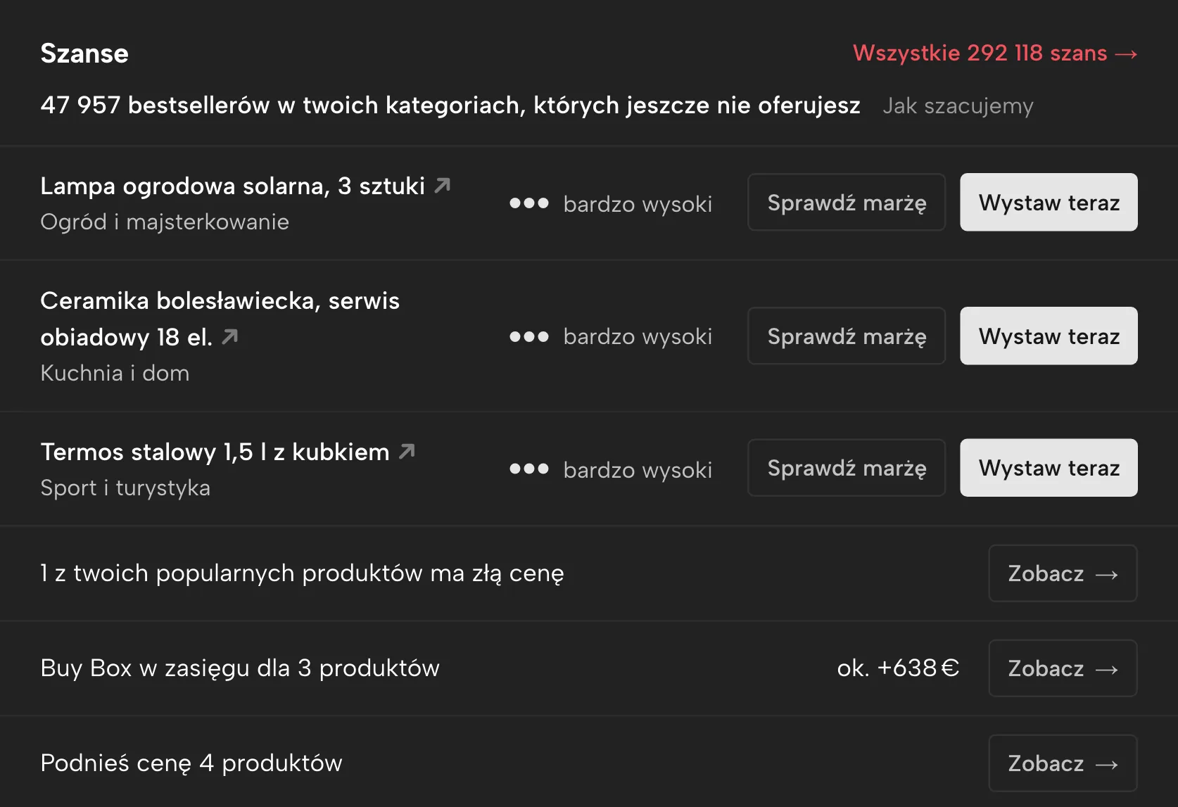 Szanse w Sellgripie, z przykładowymi danymi