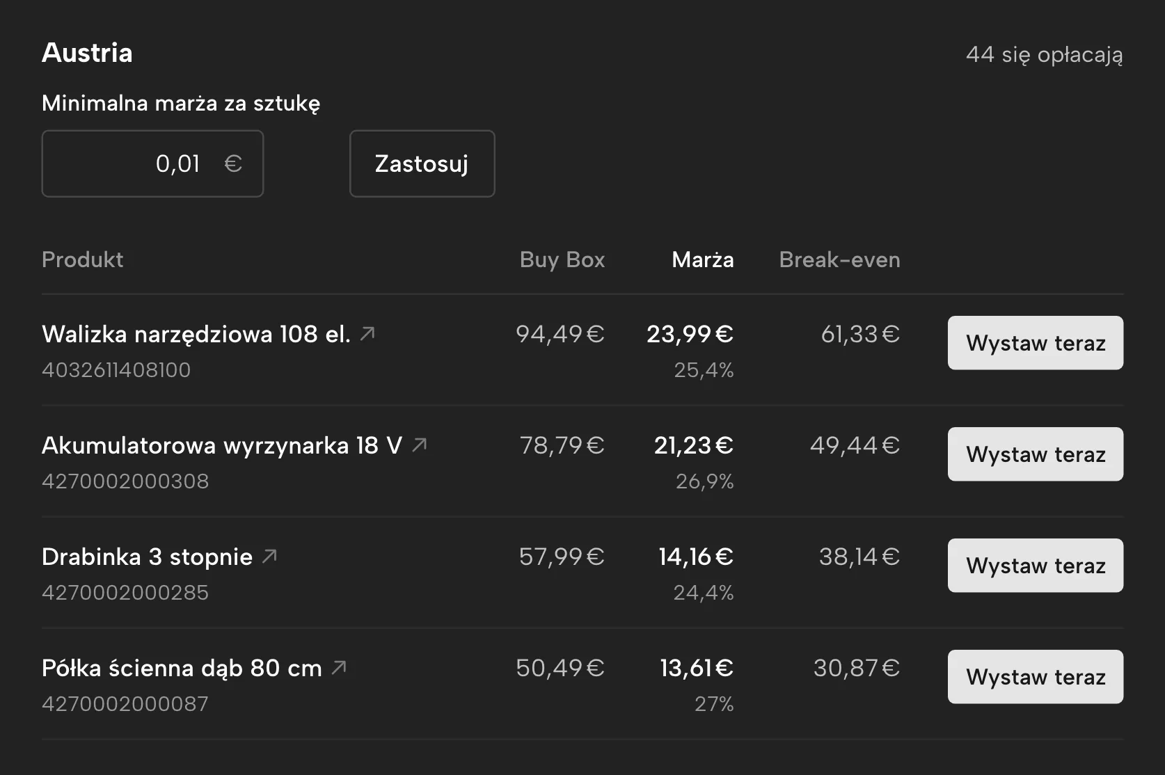 Przegląd krajów w Sellgripie, z przykładowymi danymi