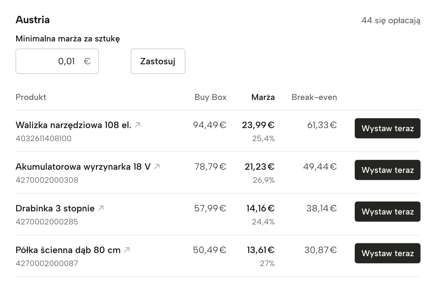 Przegląd krajów w Sellgripie, z przykładowymi danymi