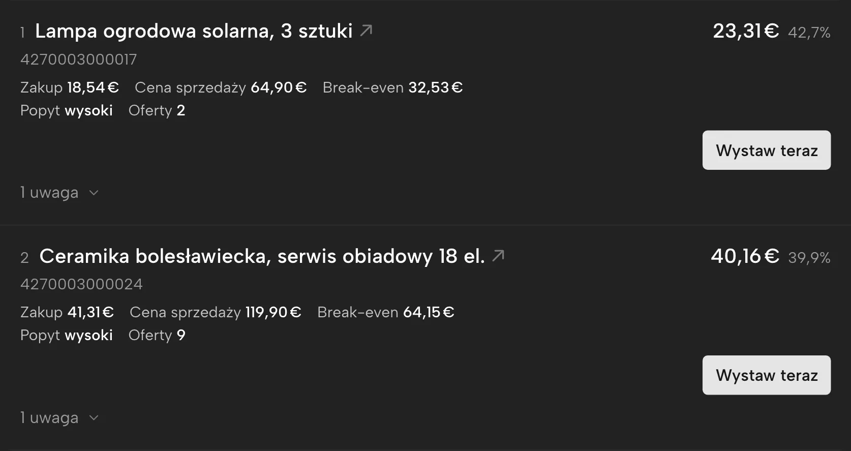 Skaner marż w Sellgripie, z przykładowymi danymi