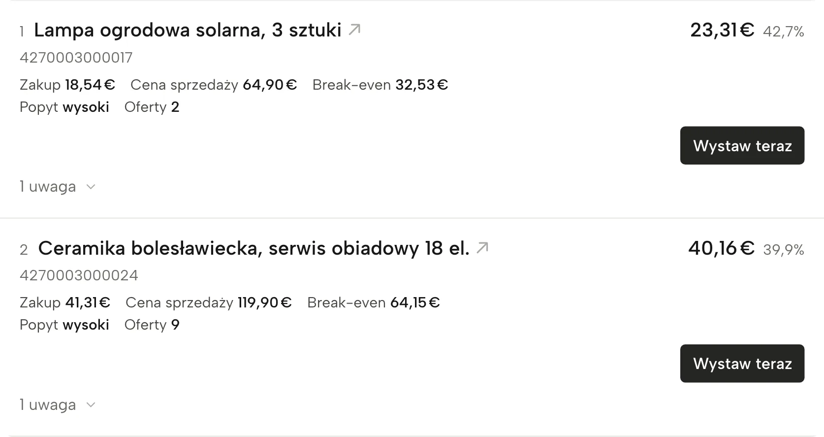 Skaner marż w Sellgripie, z przykładowymi danymi