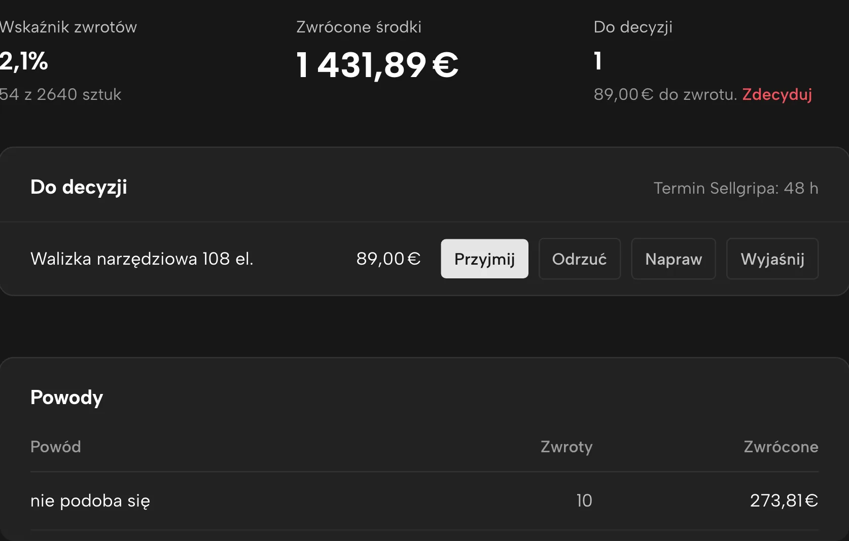 Zwroty w Sellgripie, z przykładowymi danymi