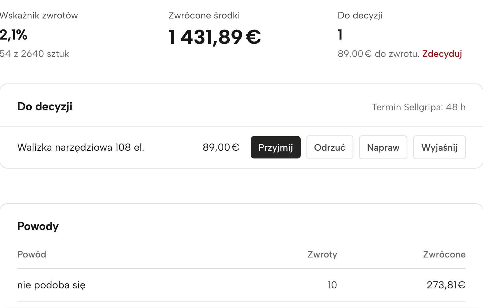 Zwroty w Sellgripie, z przykładowymi danymi