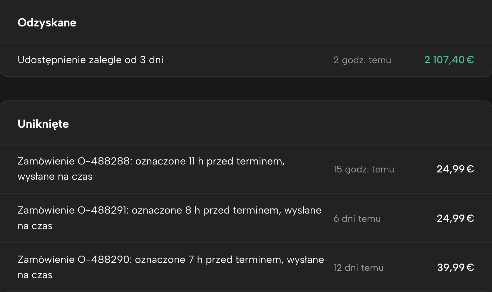 Odzyskane w Sellgripie, z przykładowymi danymi