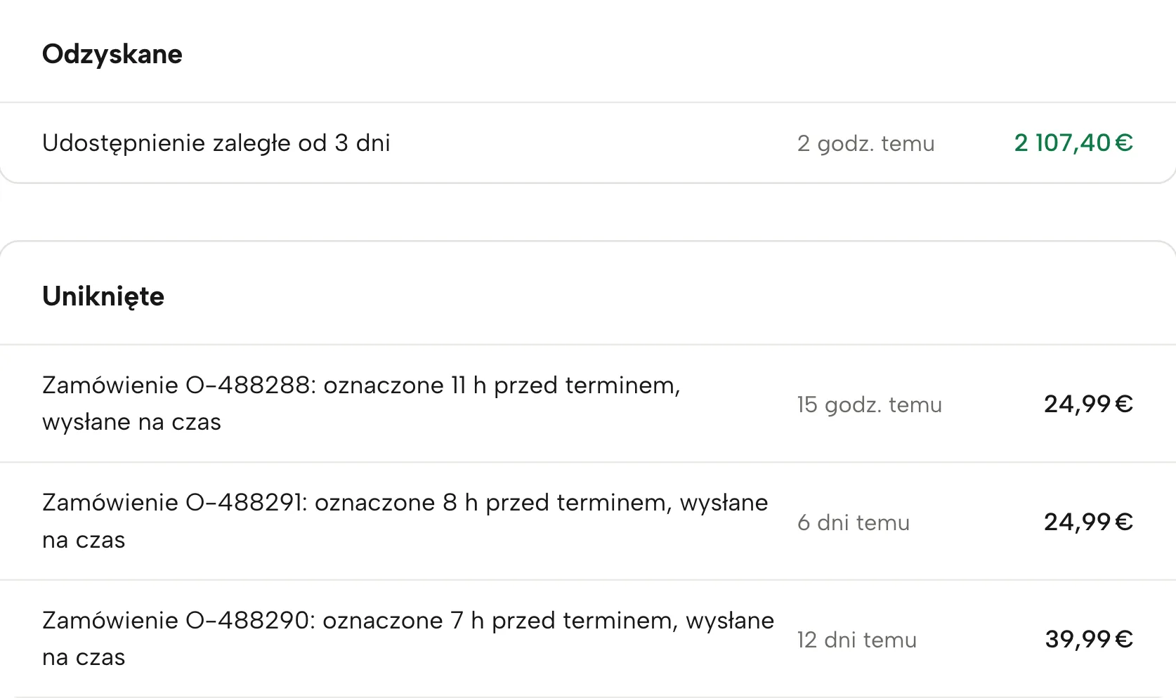 Odzyskane w Sellgripie, z przykładowymi danymi