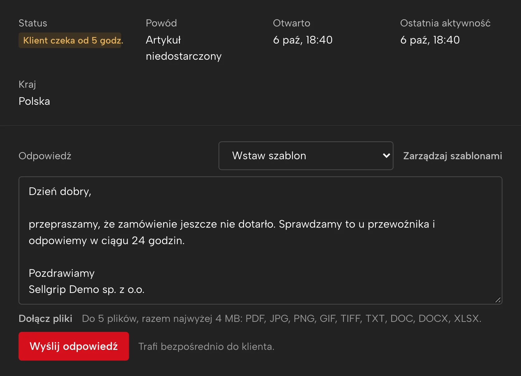 Zgłoszenia w Sellgripie, z przykładowymi danymi