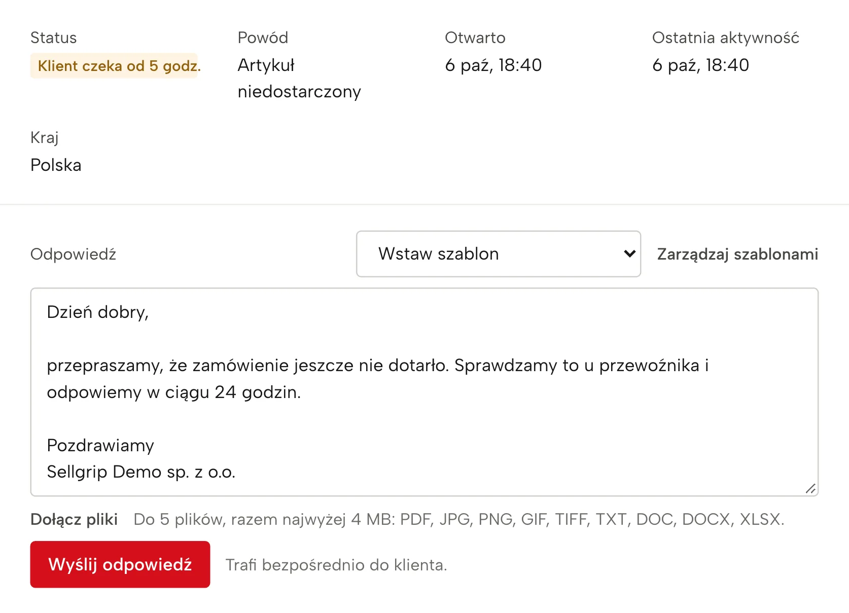 Zgłoszenia w Sellgripie, z przykładowymi danymi