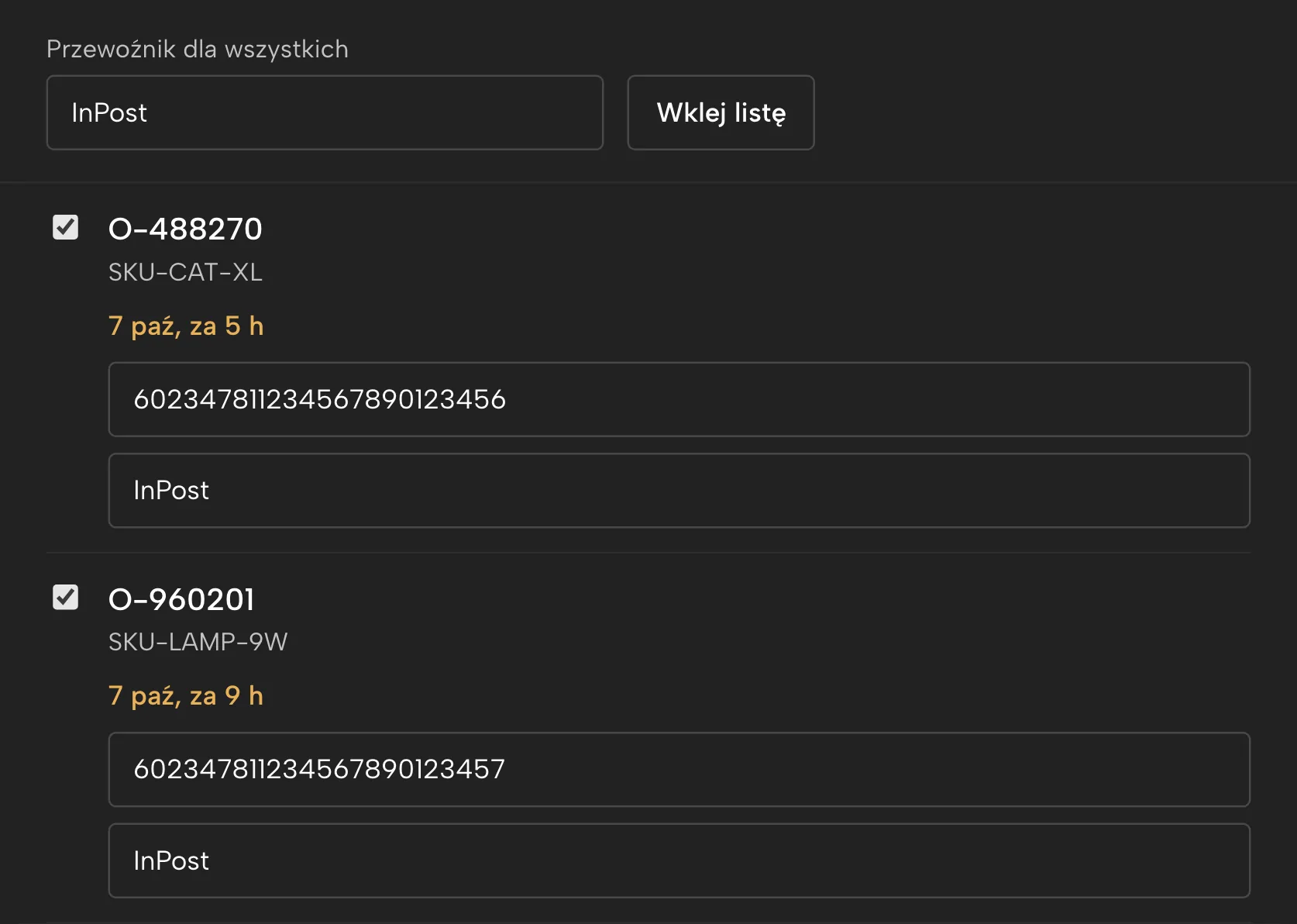 Zgłoś wysyłkę w Sellgripie, z przykładowymi danymi