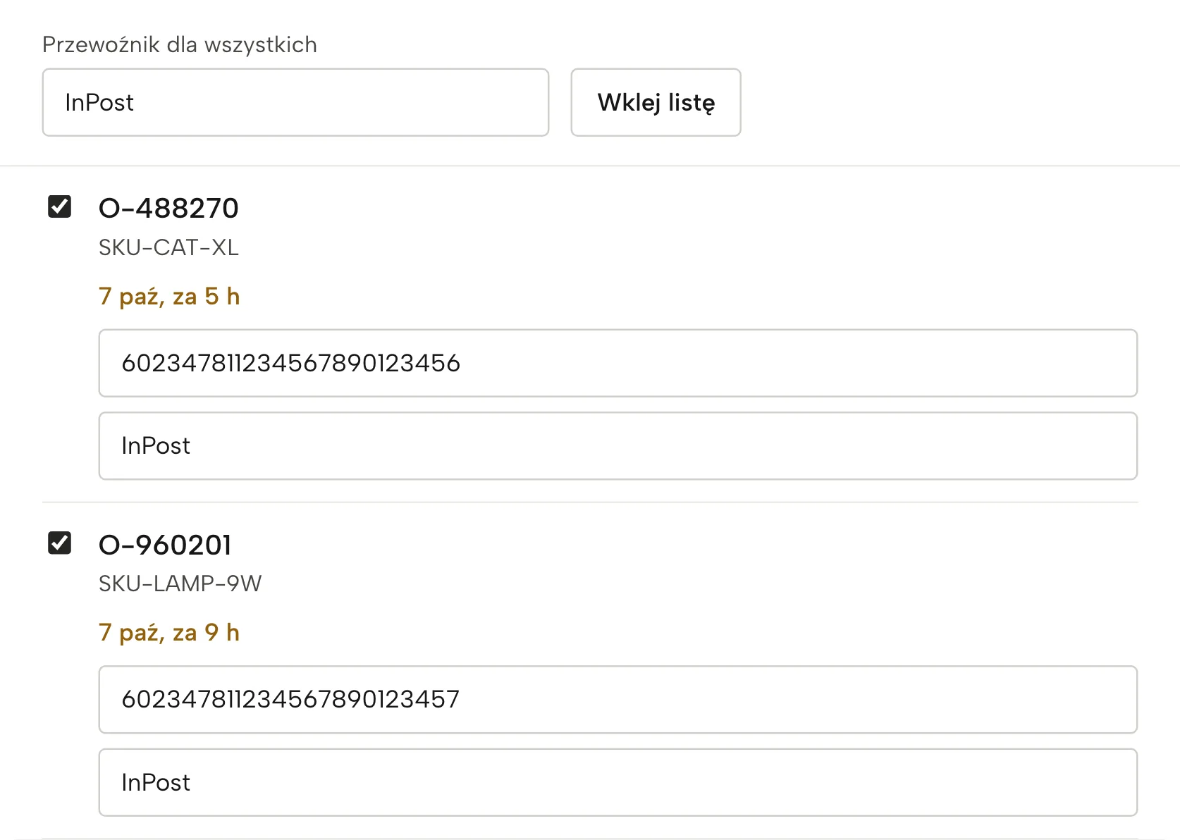 Zgłoś wysyłkę w Sellgripie, z przykładowymi danymi