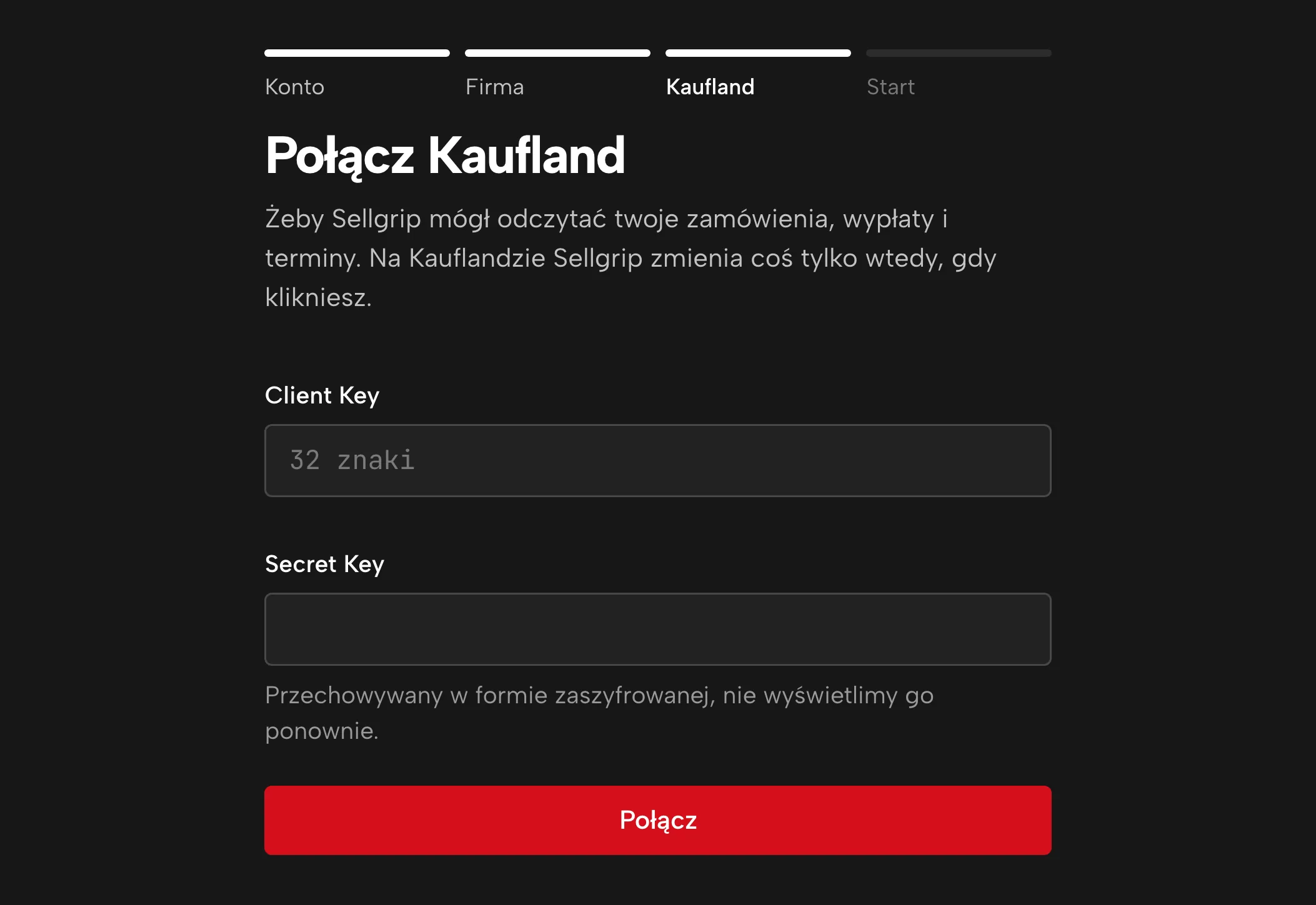 Wpisywanie kluczy w Sellgripie, z przykładowymi danymi
