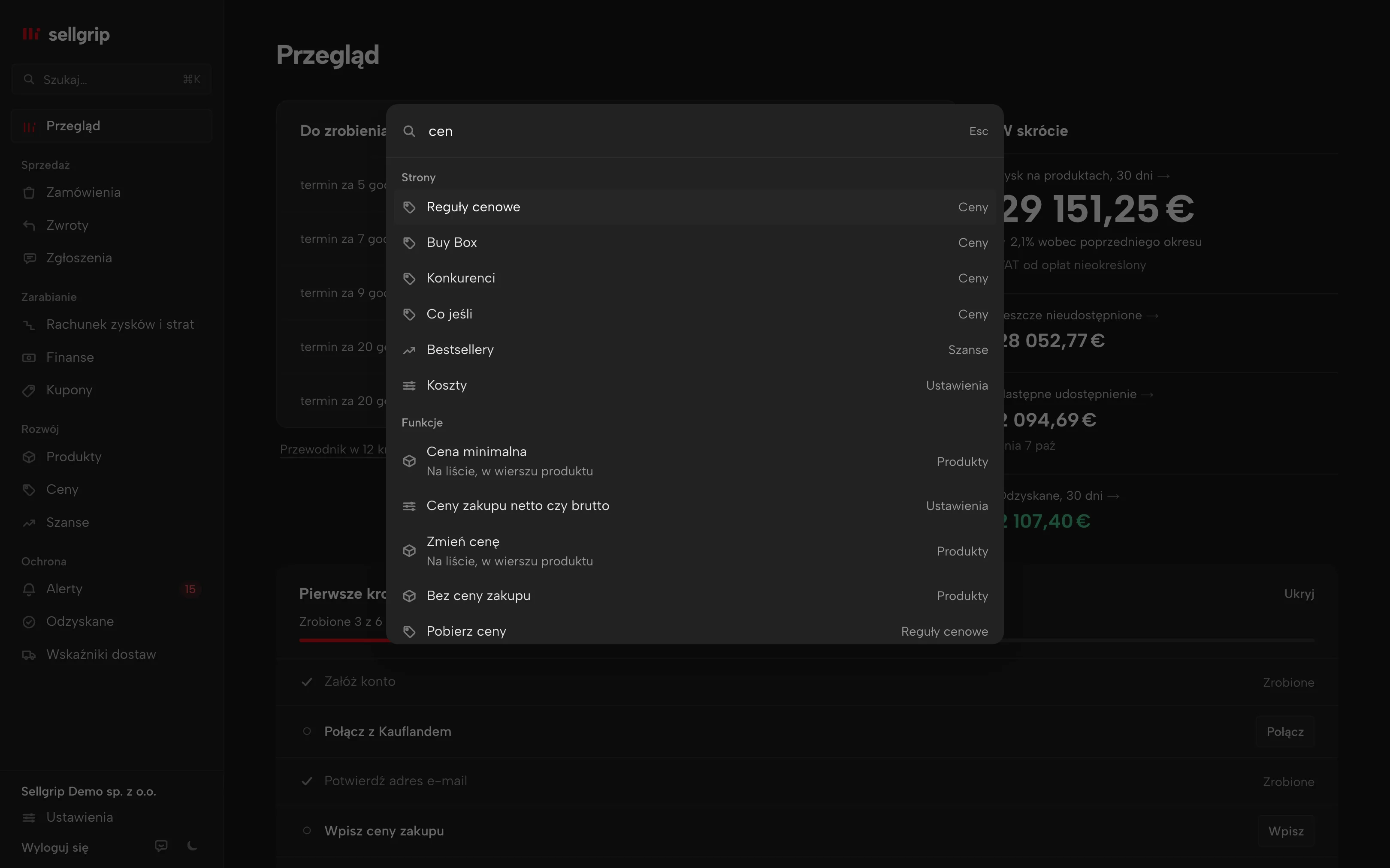 Wyszukiwarka w Sellgripie otwarta skrótem ⌘K: strony i funkcje na nich dla słowa „cen”.