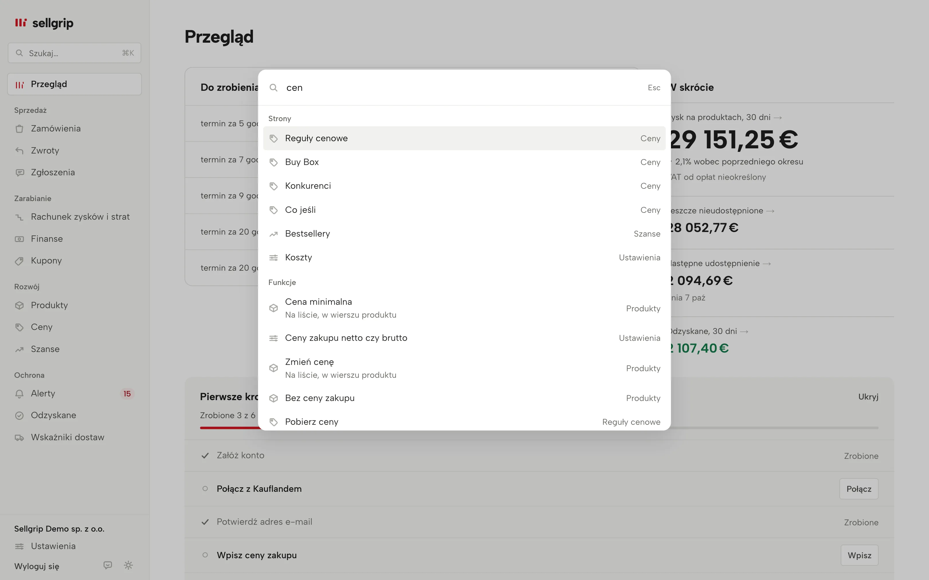 Wyszukiwarka w Sellgripie otwarta skrótem ⌘K: strony i funkcje na nich dla słowa „cen”.