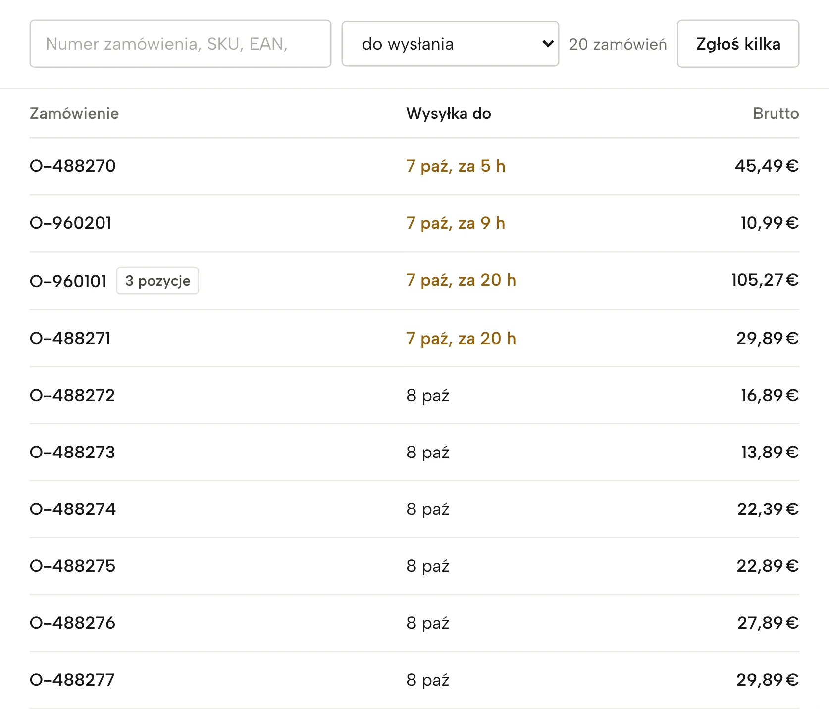 Zamówienia w Sellgripie, z przykładowymi danymi