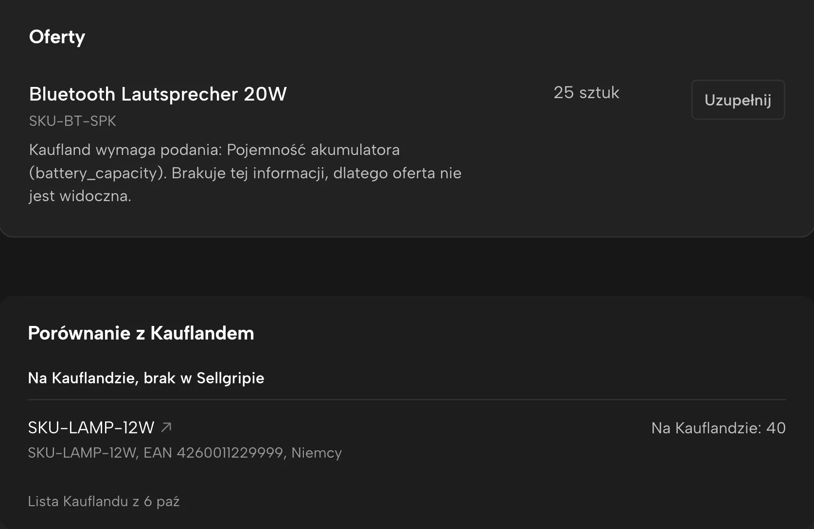 Kontrola ofert w Sellgripie, z przykładowymi danymi