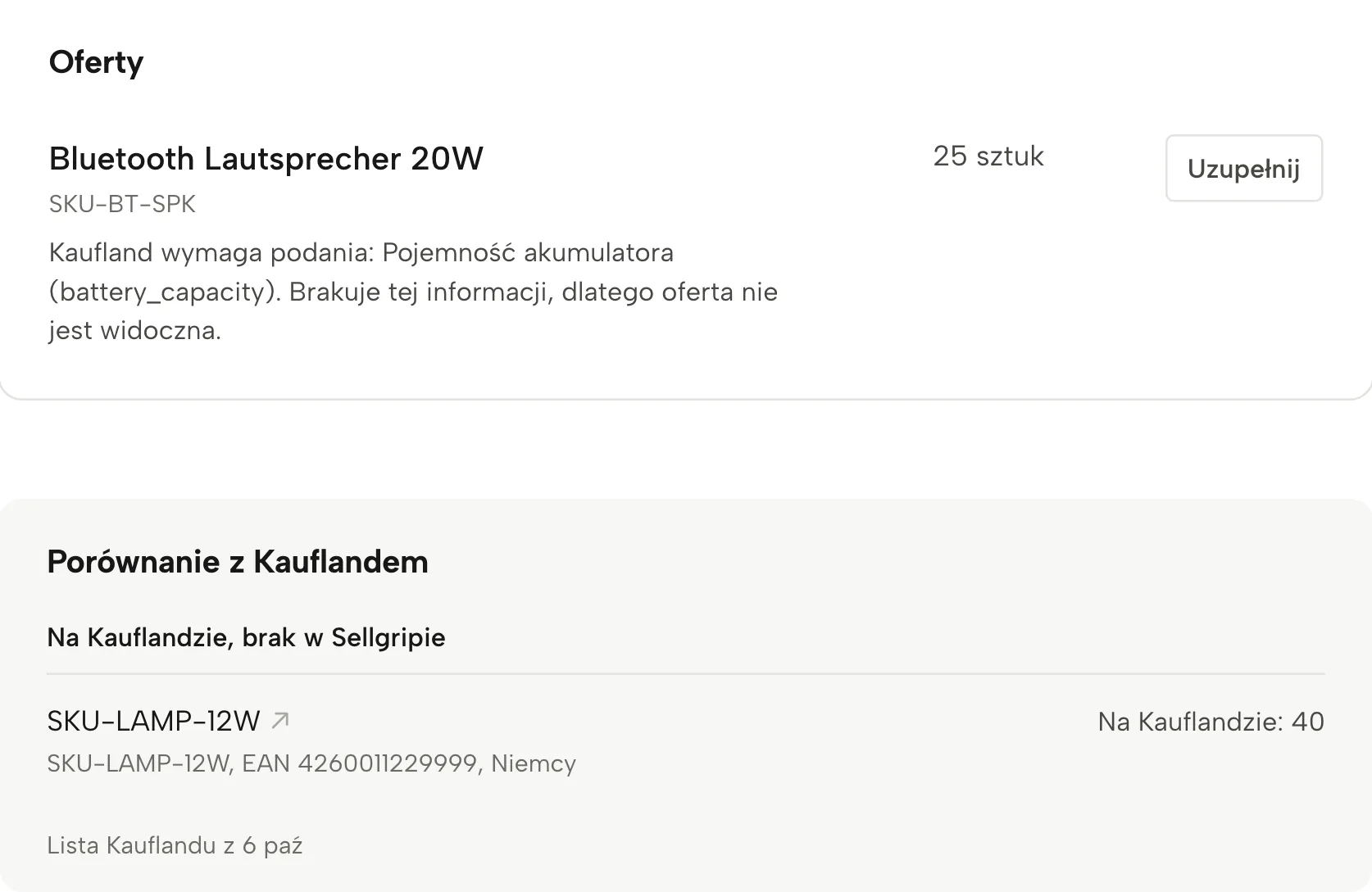 Kontrola ofert w Sellgripie, z przykładowymi danymi