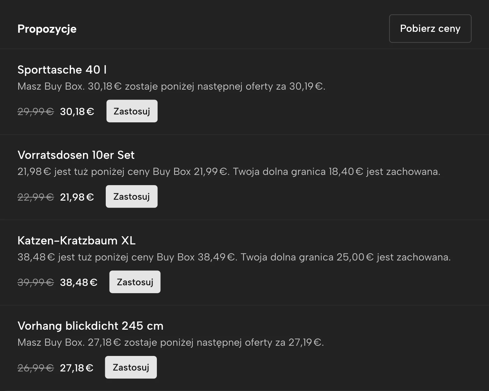 Reguły cenowe w Sellgripie, z przykładowymi danymi