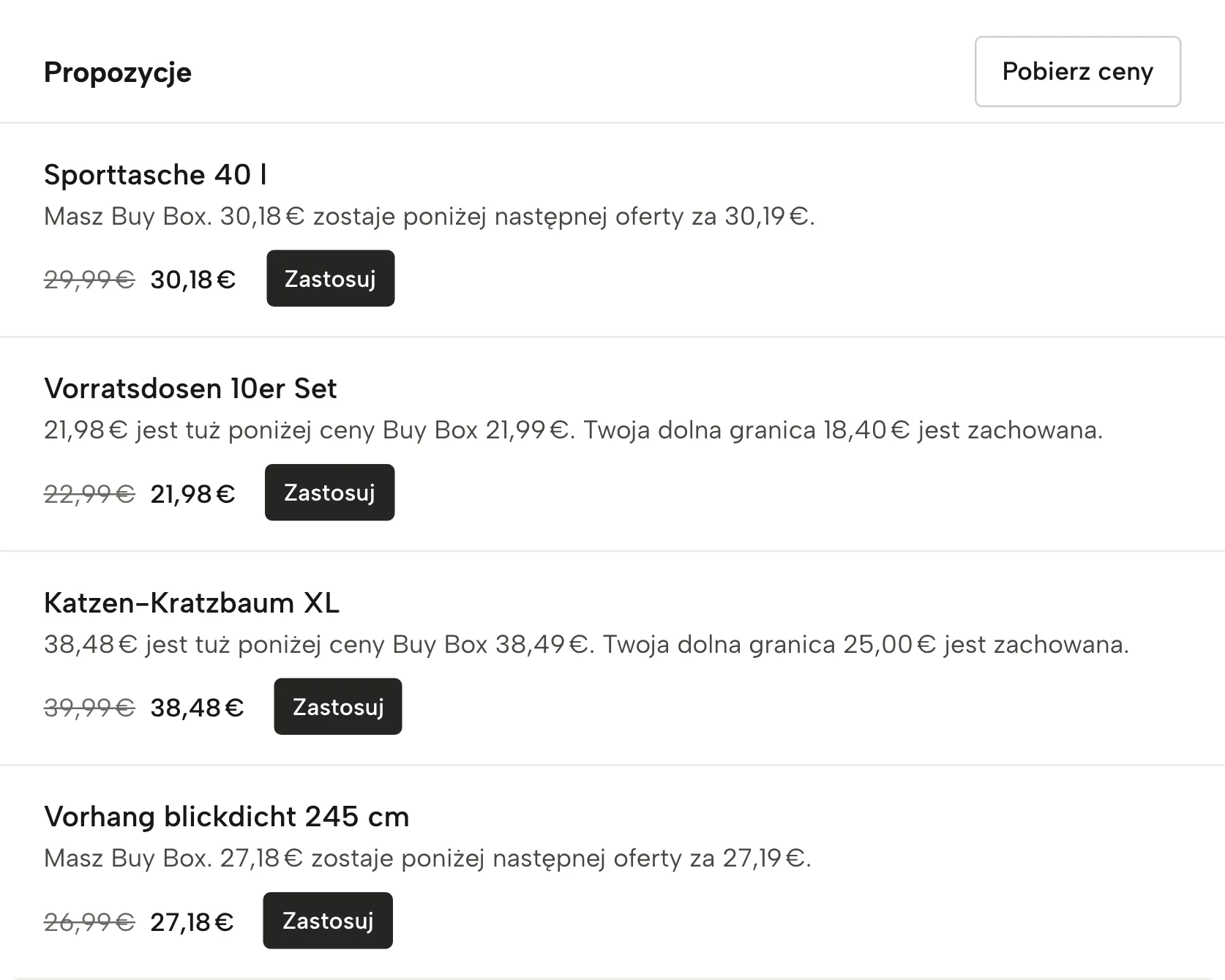 Reguły cenowe w Sellgripie, z przykładowymi danymi