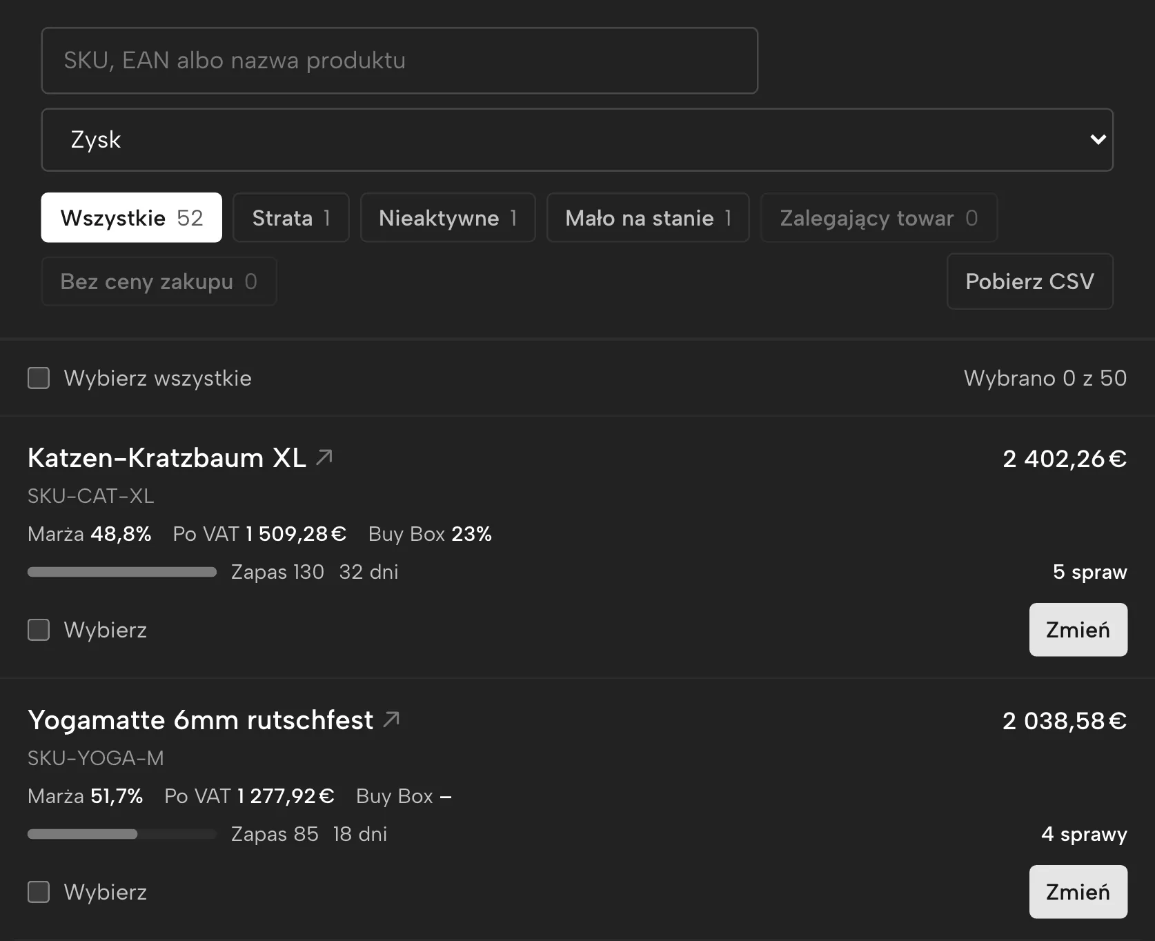 Produkty w Sellgripie, z przykładowymi danymi