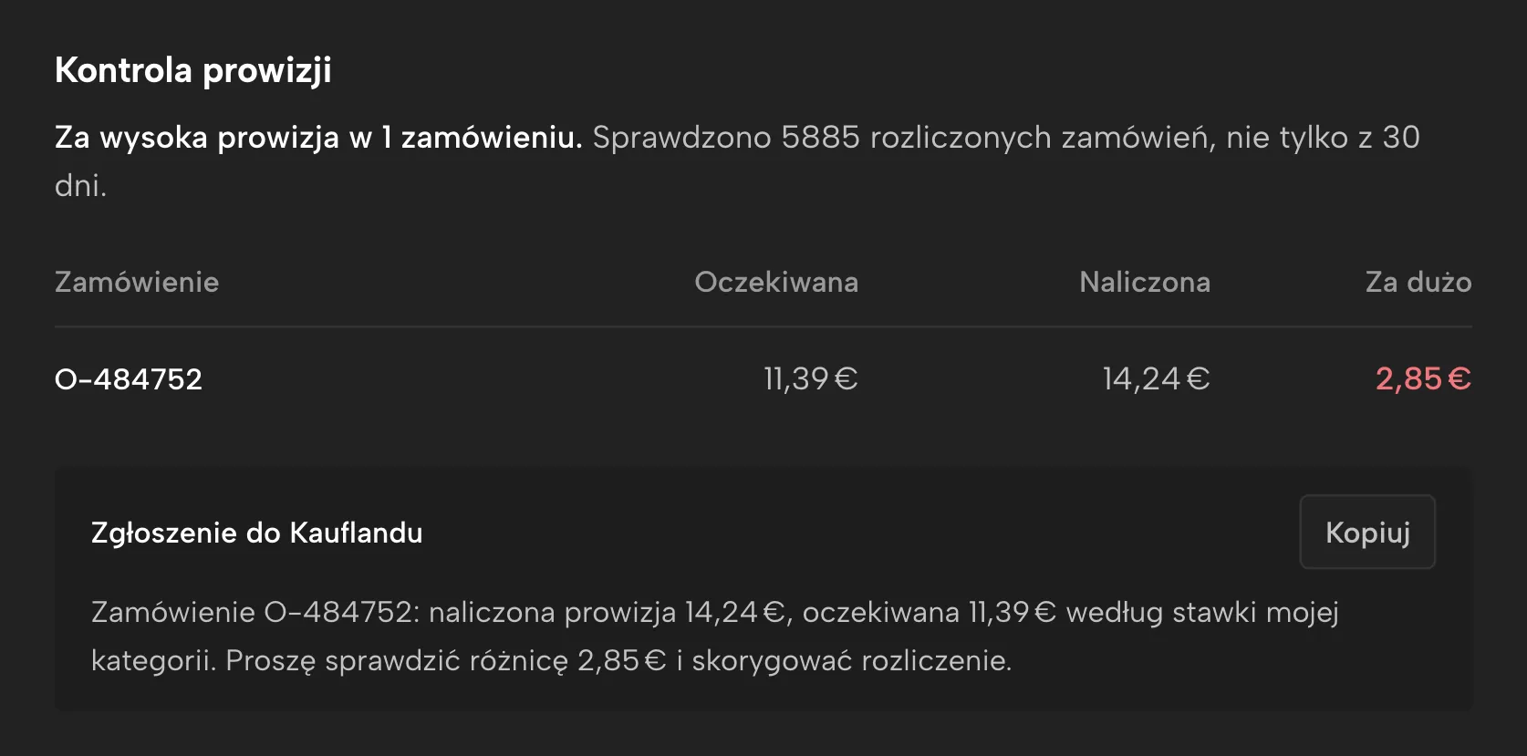 Kontrola prowizji w Sellgripie, z przykładowymi danymi