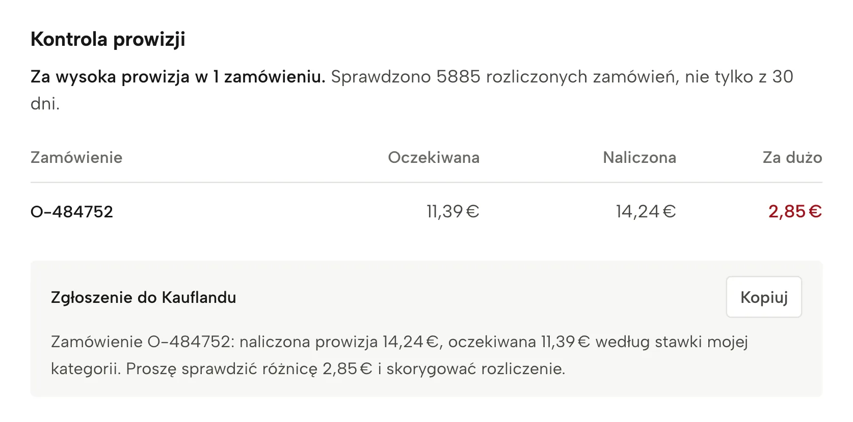 Kontrola prowizji w Sellgripie, z przykładowymi danymi