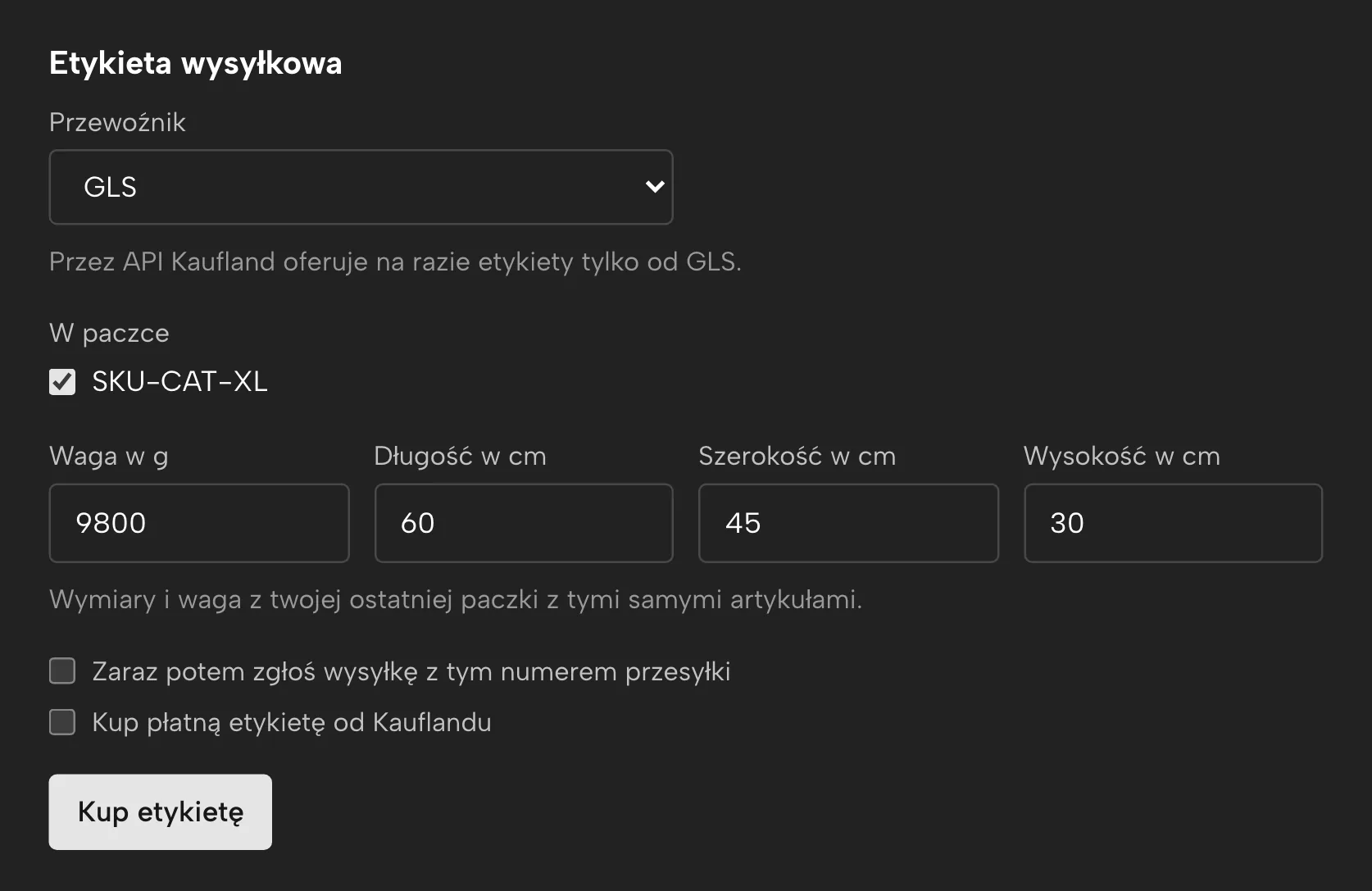 Etykiety wysyłkowe w Sellgripie, z przykładowymi danymi