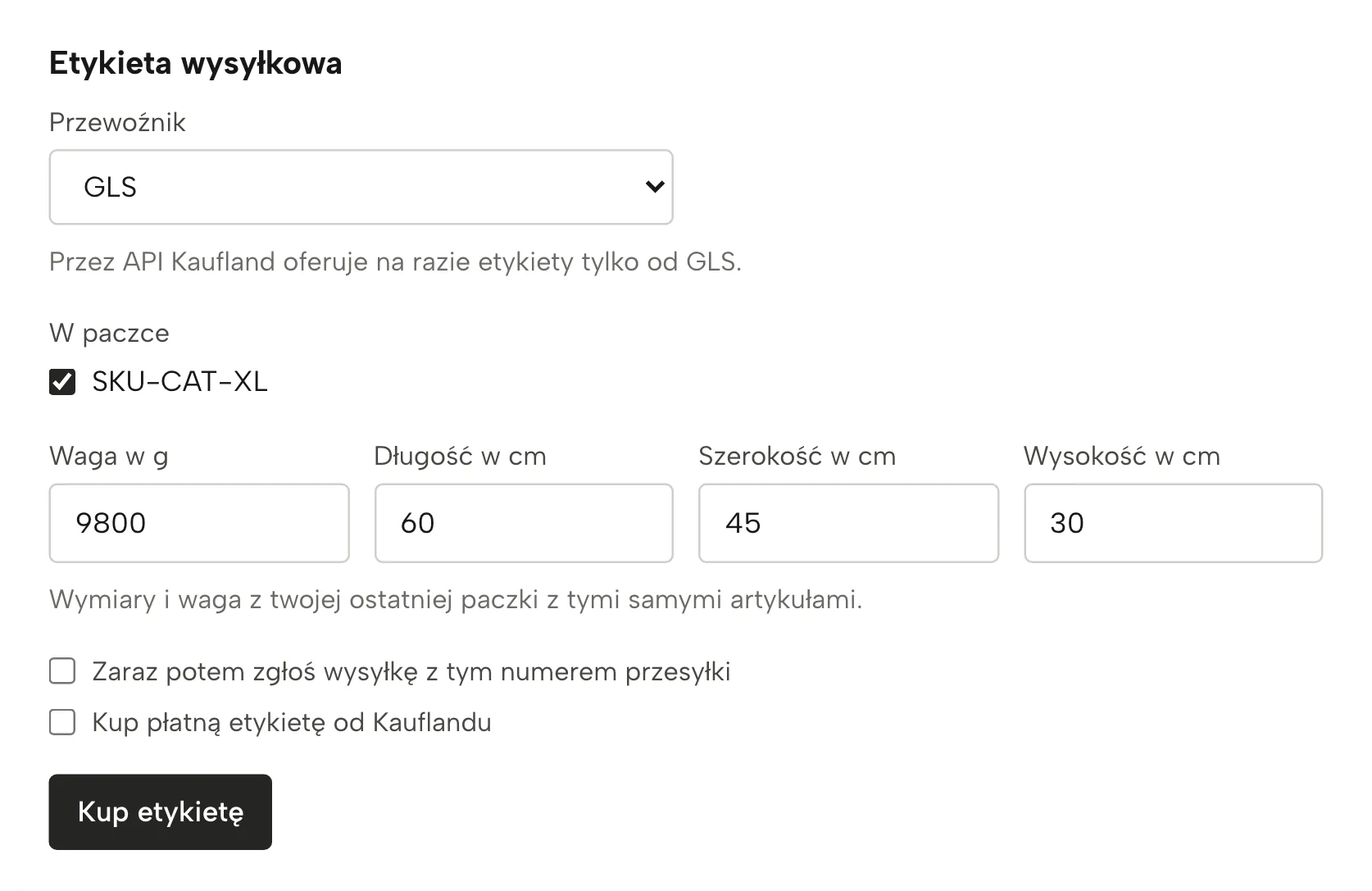 Etykiety wysyłkowe w Sellgripie, z przykładowymi danymi