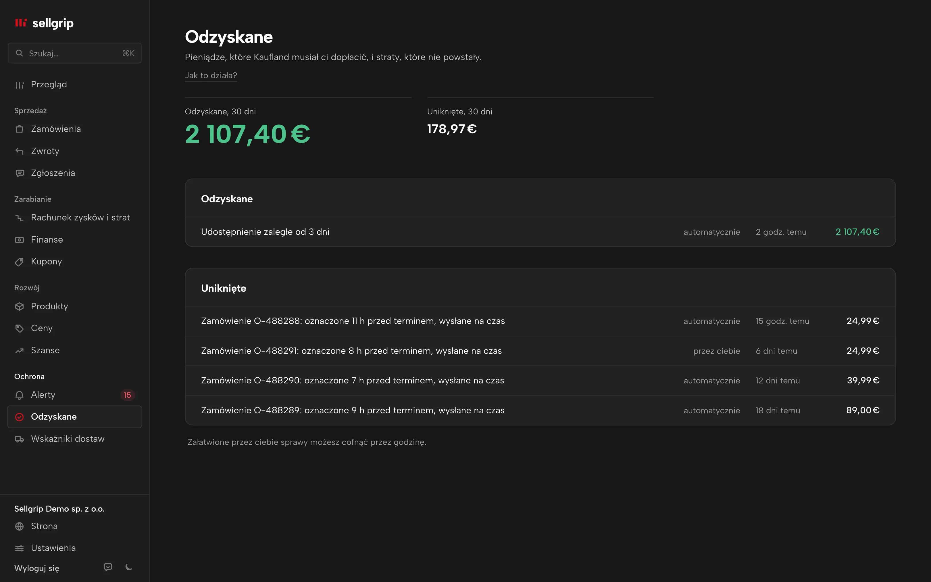 Odzyskane w Sellgripie: dwie sumy i dowody z kwotami.