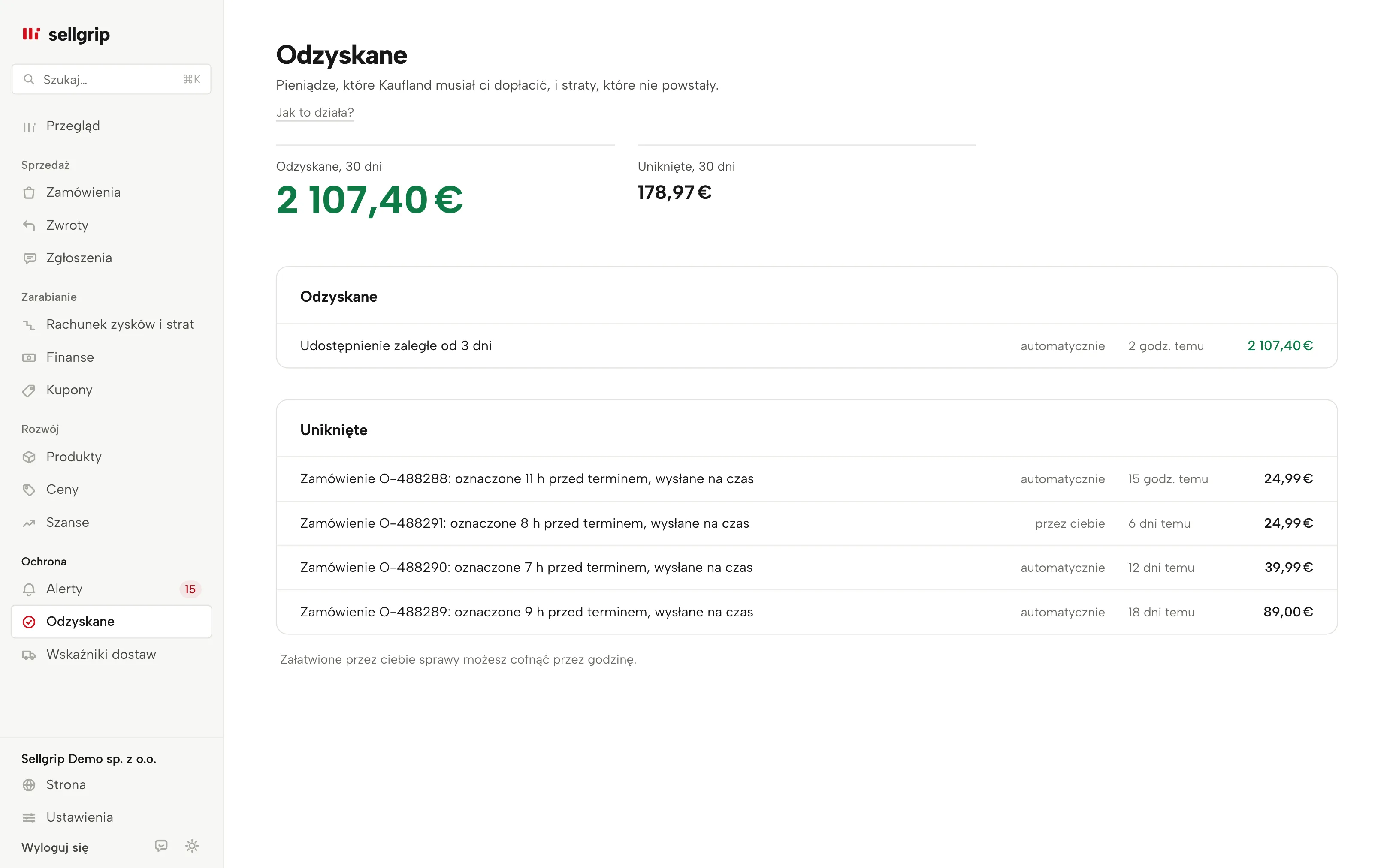 Odzyskane w Sellgripie: dwie sumy i dowody z kwotami.