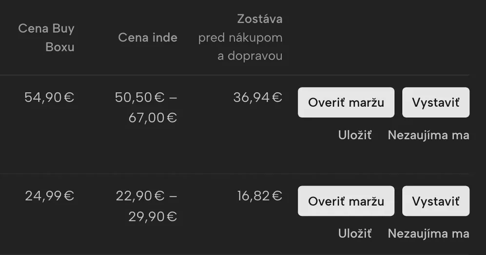 Výrez obrazovky Sellgripu: Príležitosti