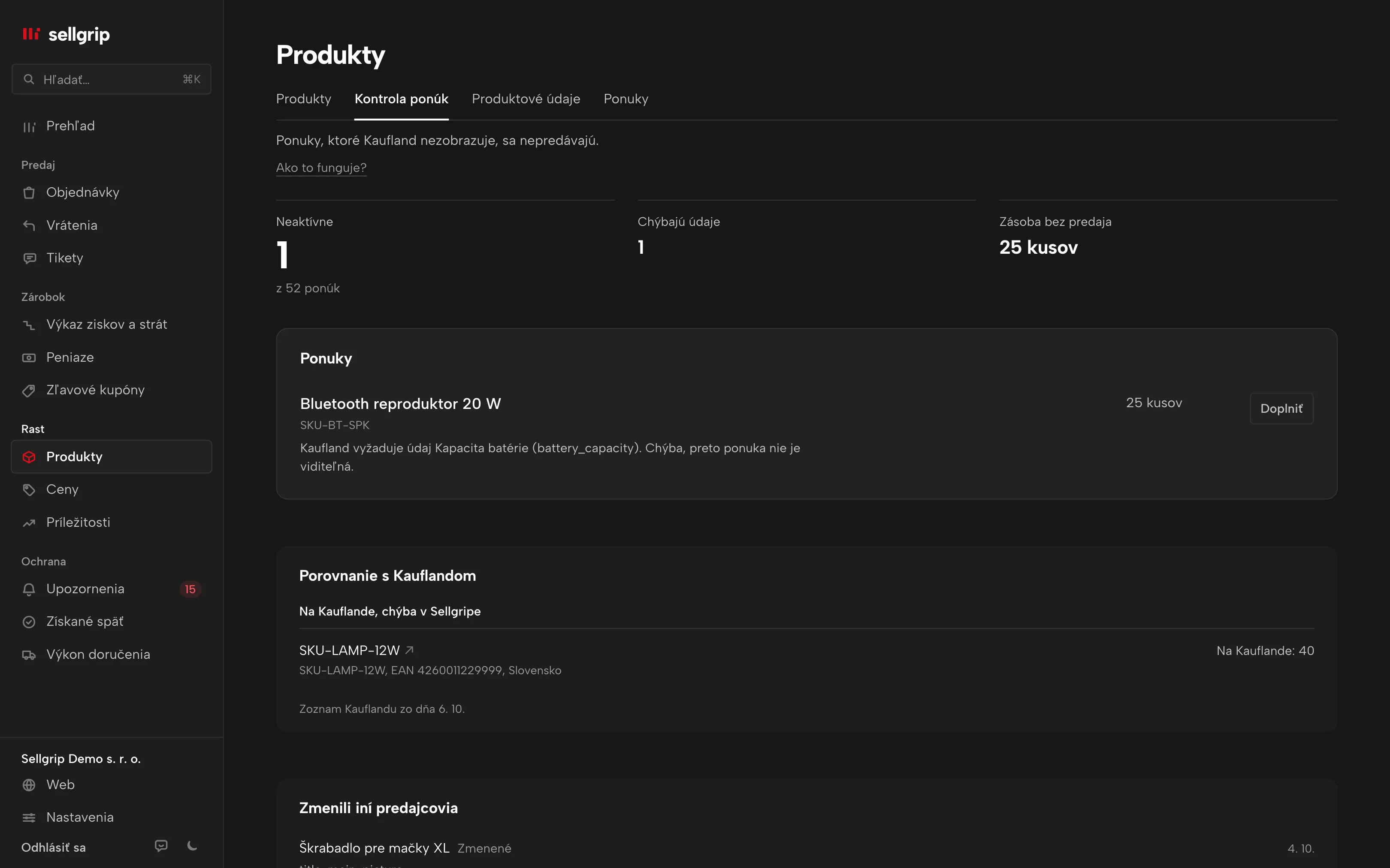 Kontrola ponúk v Sellgripe: ponuka, ktorej chýba údaj, s tlačidlom Doplniť.