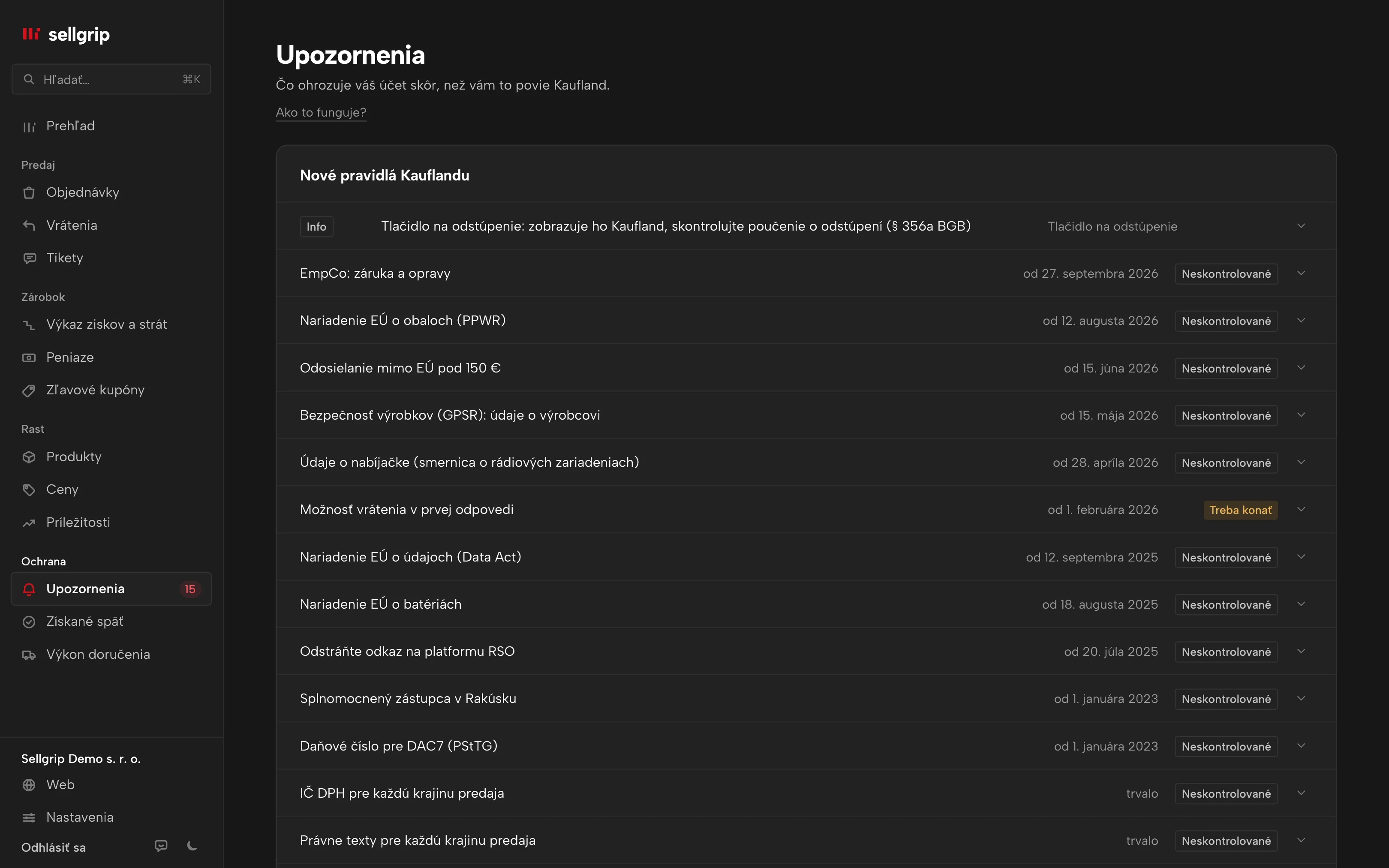 Upozornenia v Sellgripe, hore blok Zdravie účtu s rizikom pre účet.