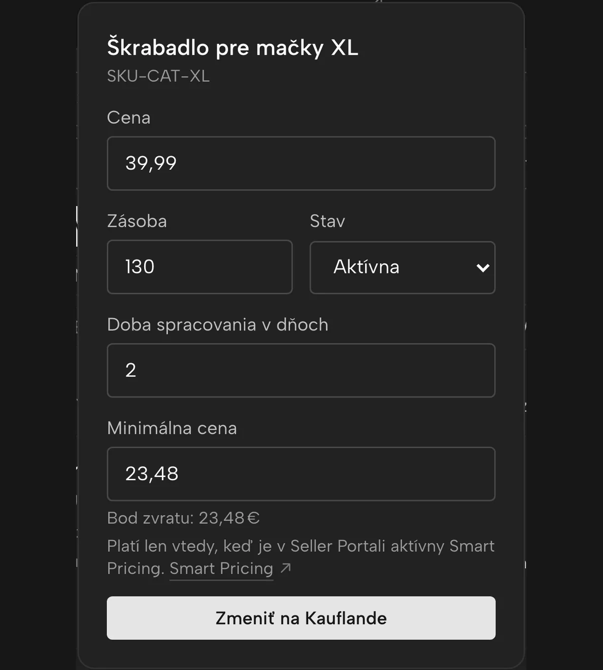 Produkty v Sellgripe: minimálna cena vyplnená na bode zvratu, zatiaľ neodoslaná do Kauflandu