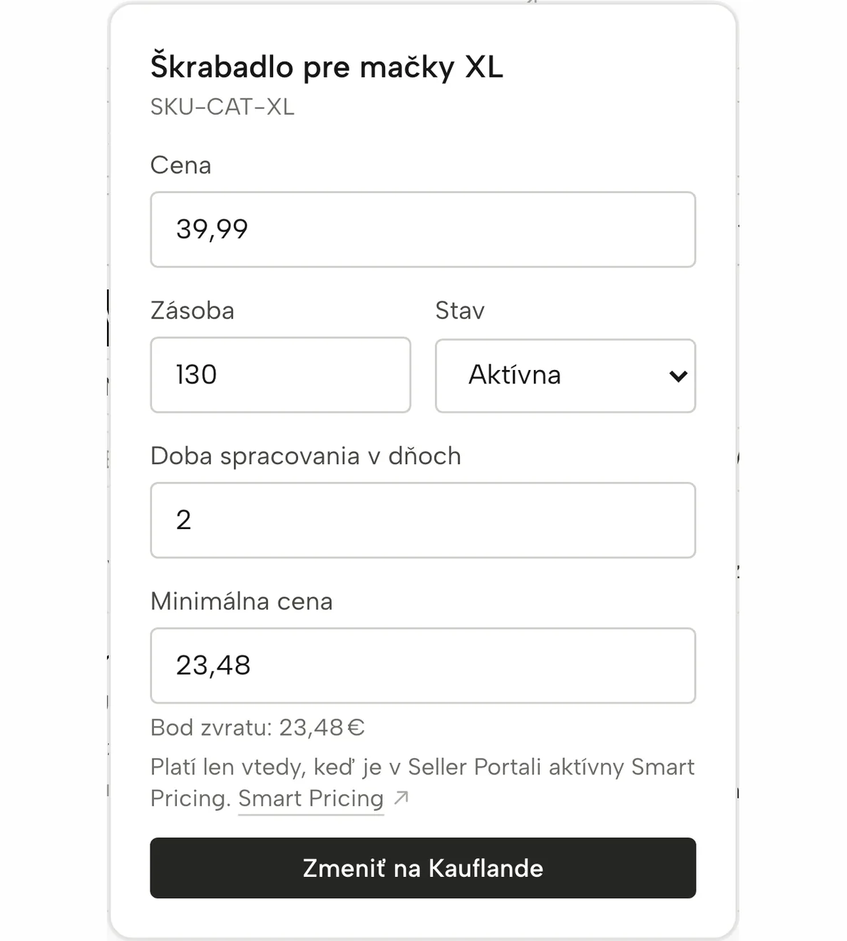 Produkty v Sellgripe: minimálna cena vyplnená na bode zvratu, zatiaľ neodoslaná do Kauflandu