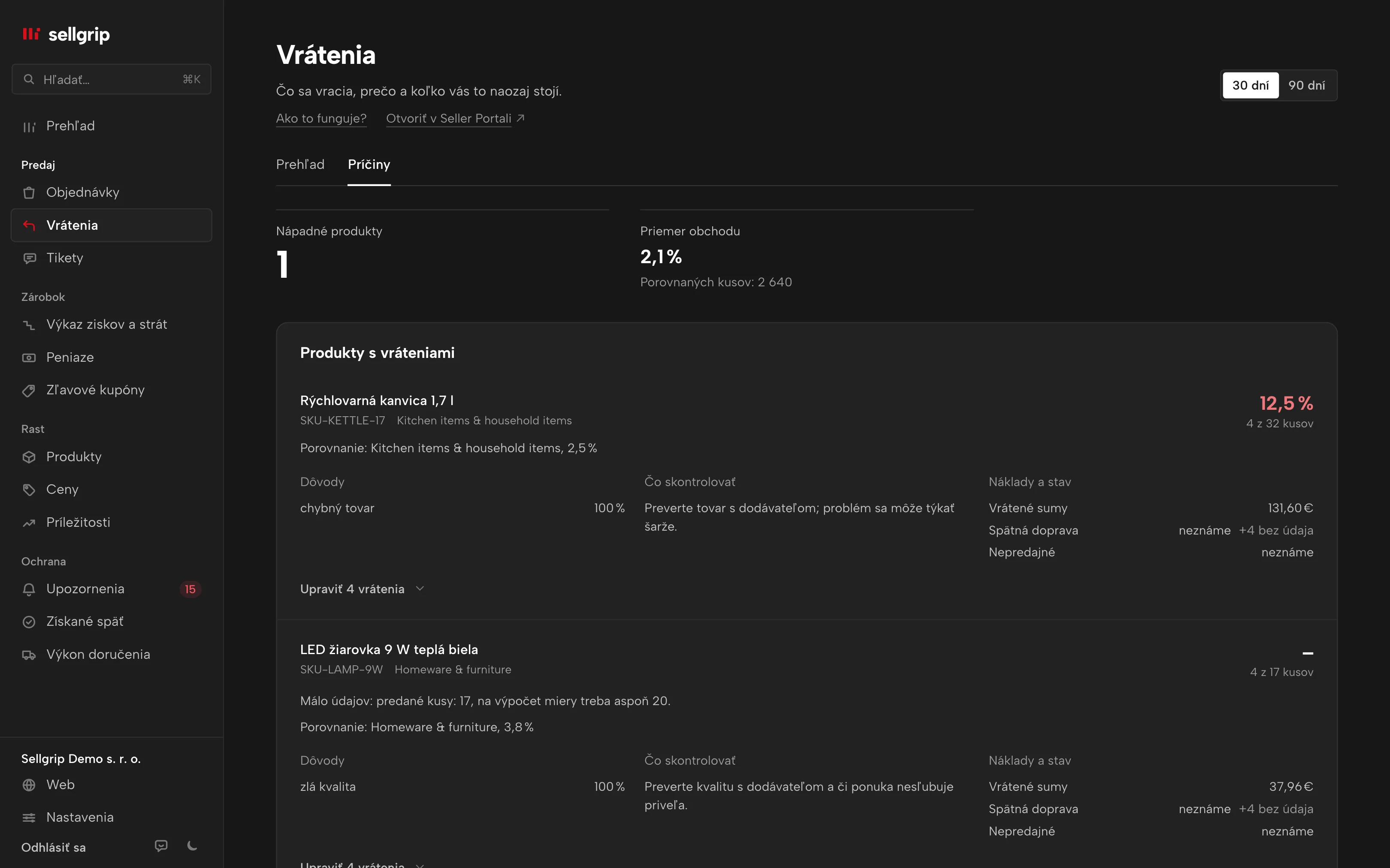 Radar vrátení v Sellgripe: označené produkty, základ porovnania, dôvody vrátení a známe náklady.