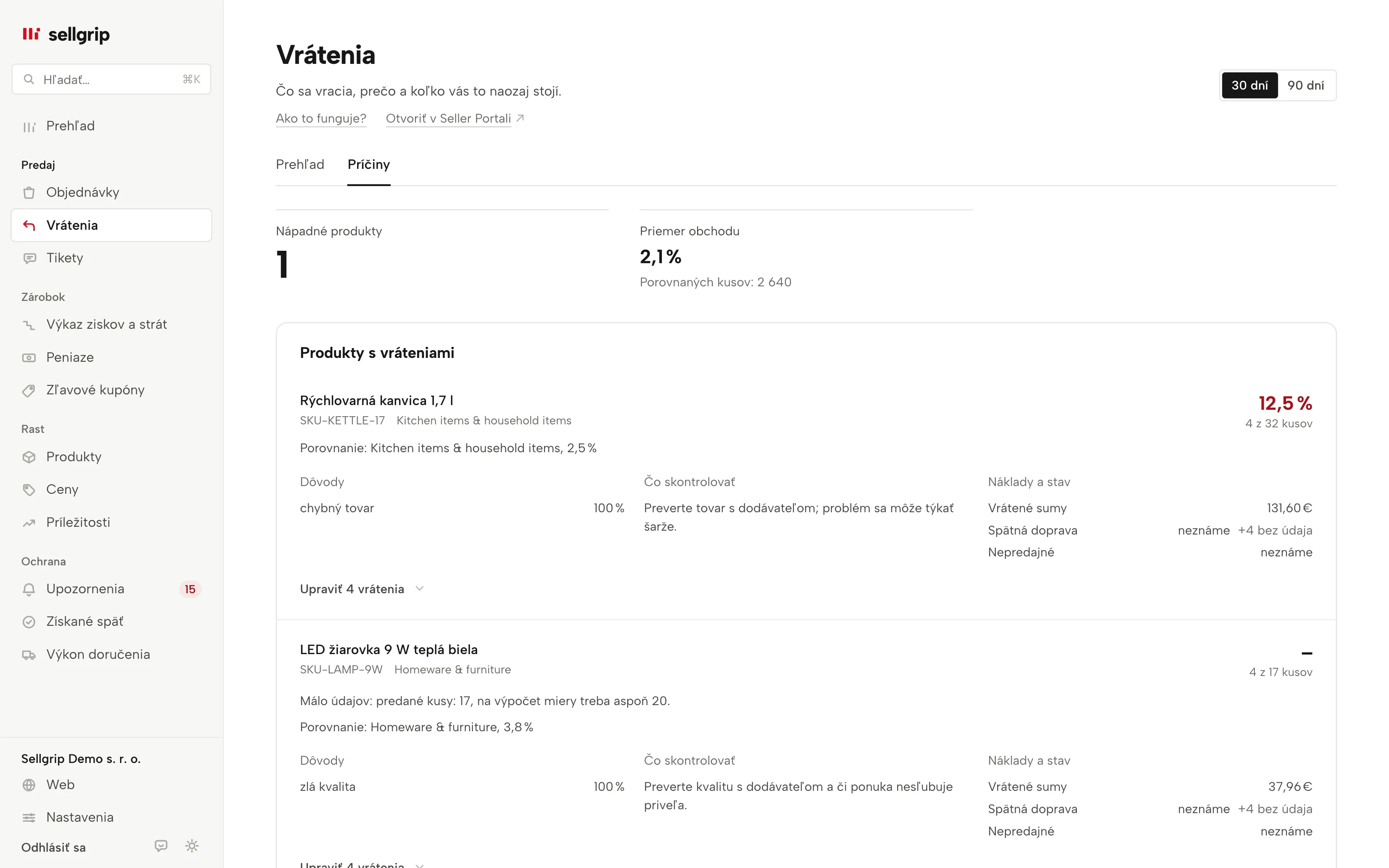 Radar vrátení v Sellgripe: označené produkty, základ porovnania, dôvody vrátení a známe náklady.
