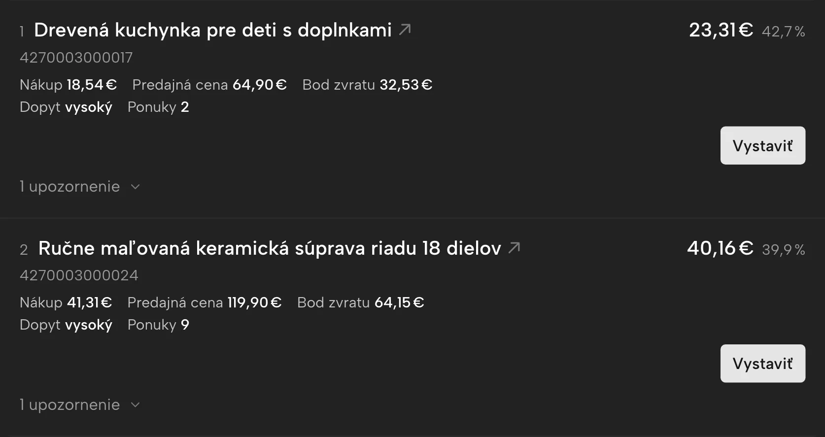 Hľadač marží v Sellgripe, s ukážkovými dátami