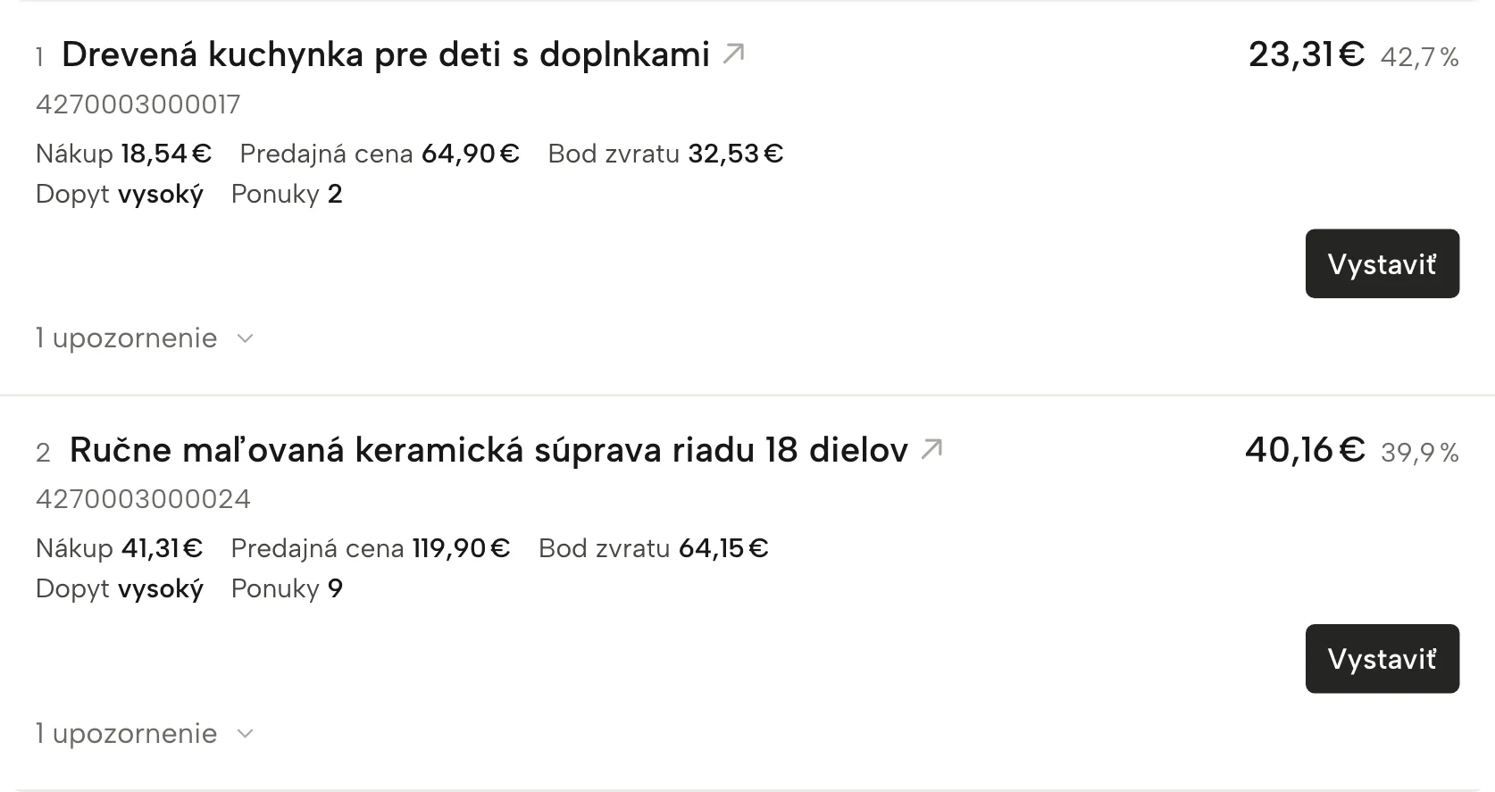 Hľadač marží v Sellgripe, s ukážkovými dátami