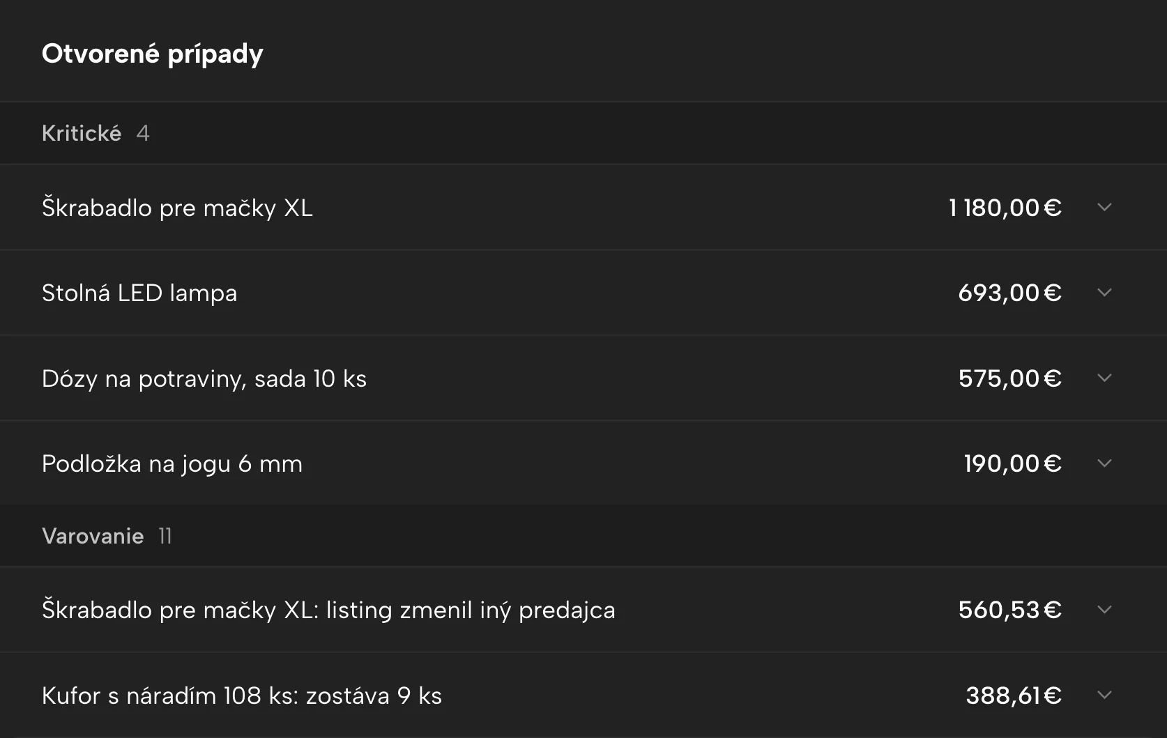 Upozornenia v Sellgripe, s ukážkovými dátami