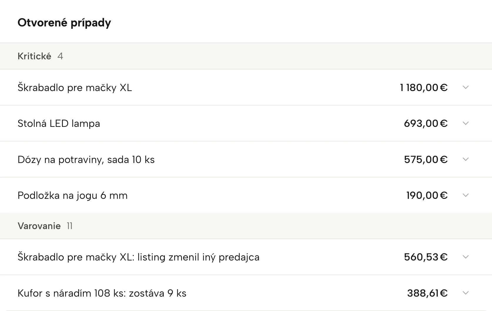 Upozornenia v Sellgripe, s ukážkovými dátami