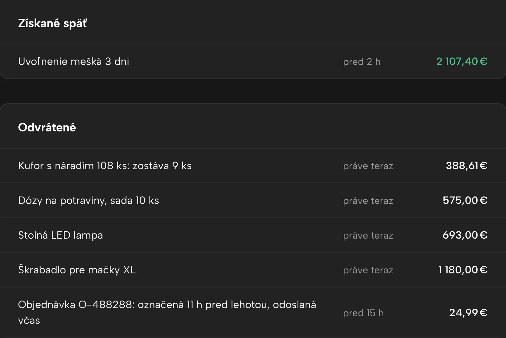Získané späť v Sellgripe, s ukážkovými dátami