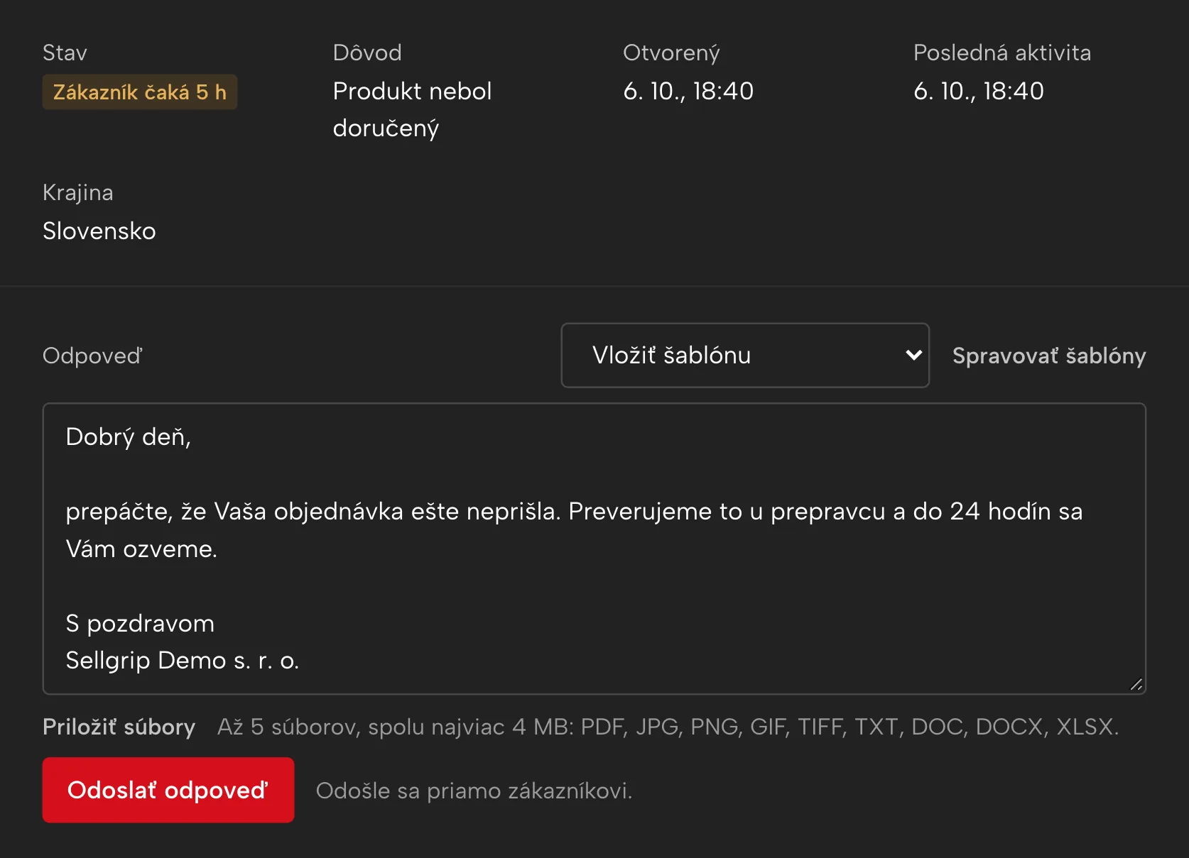Tikety v Sellgripe, s ukážkovými dátami